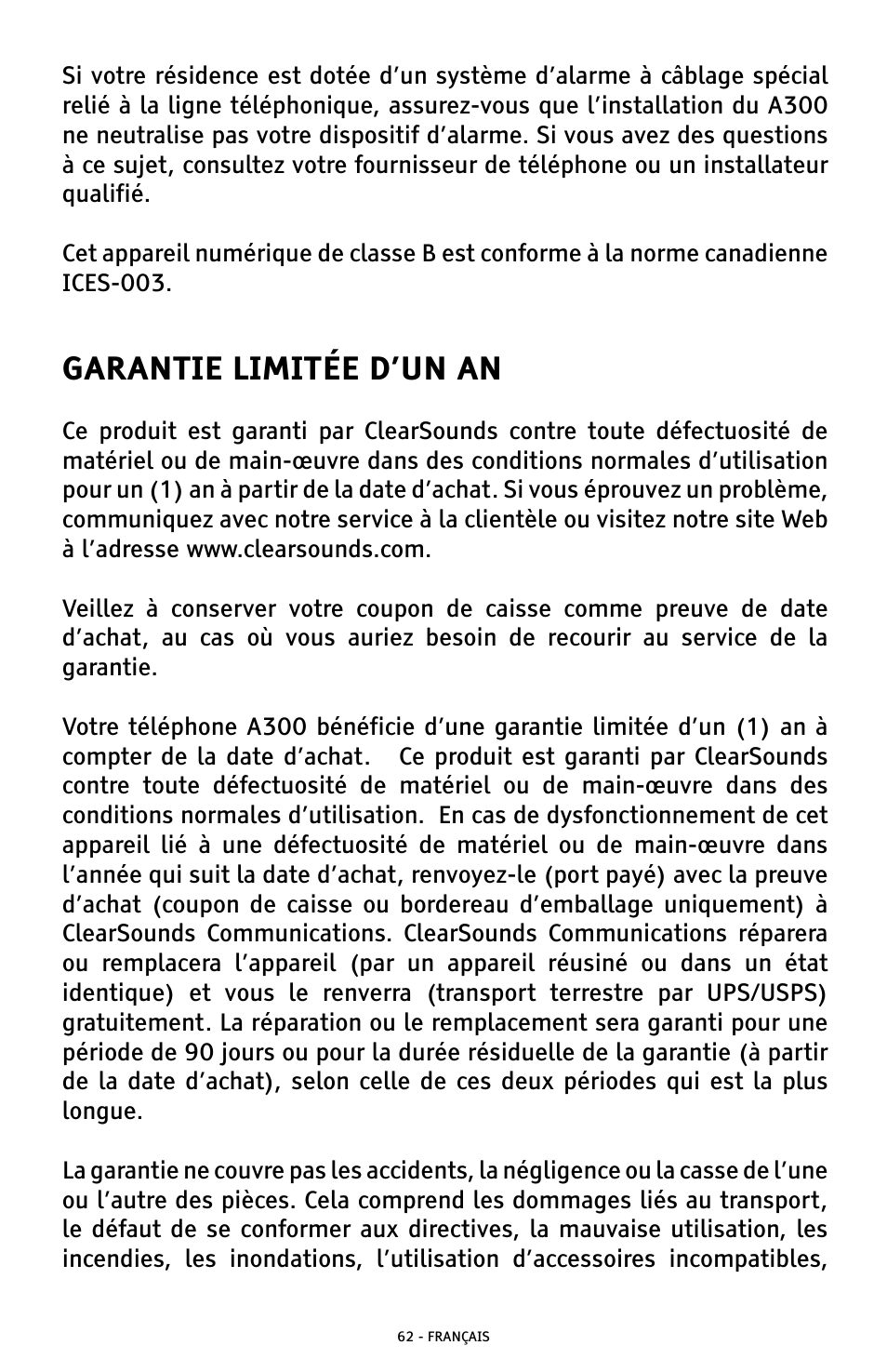 Garantie limitée d’un an | ClearSounds A300 User Manual | Page 190 / 192