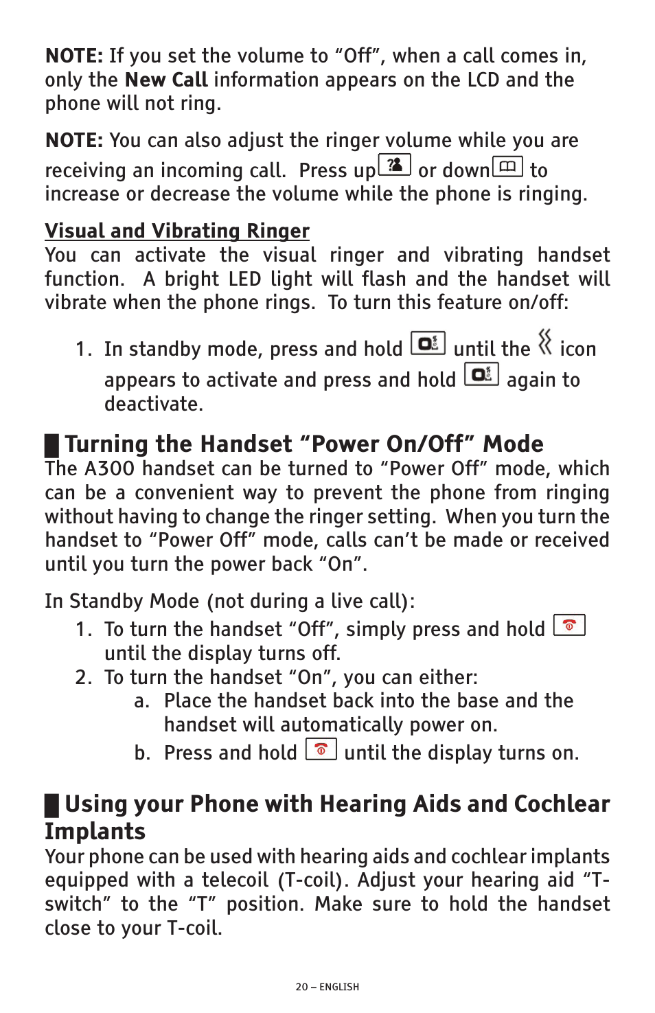Turning the handset “power on/off” mode | ClearSounds A300 User Manual | Page 20 / 192