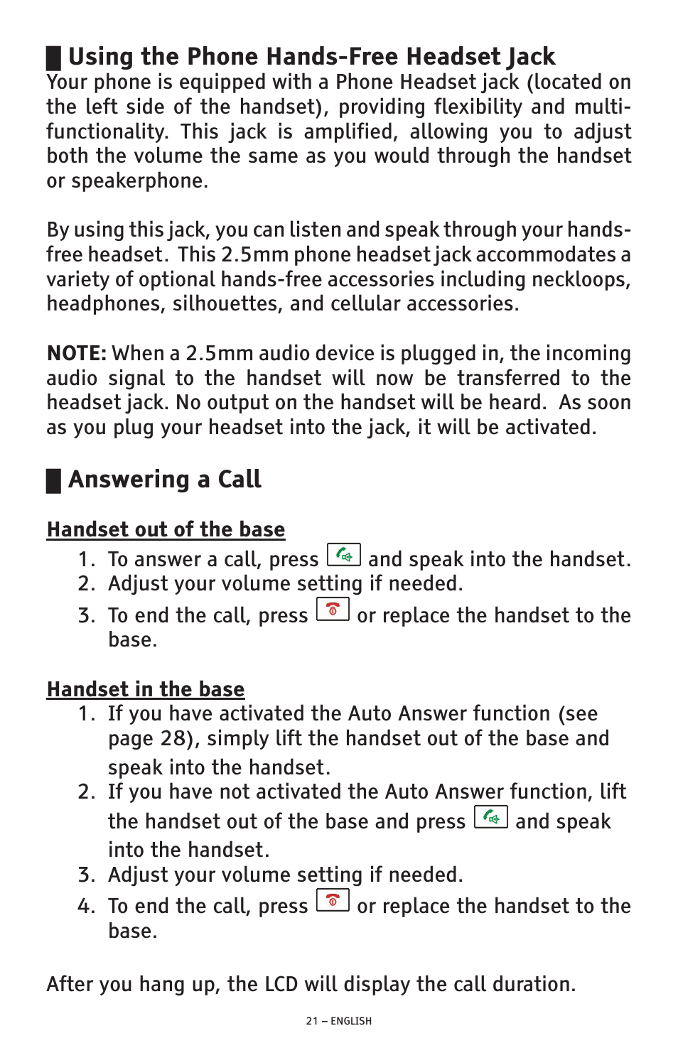 Using the phone hands-free headset jack, Answering a call | ClearSounds A300 User Manual | Page 21 / 192