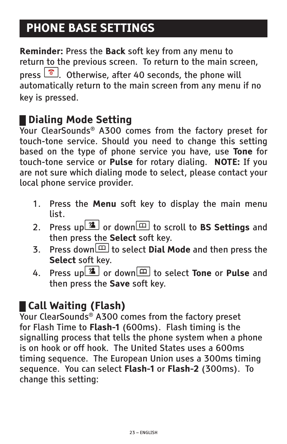 Phone base settings, Dialing mode setting, Call waiting (flash) | ClearSounds A300 User Manual | Page 23 / 192
