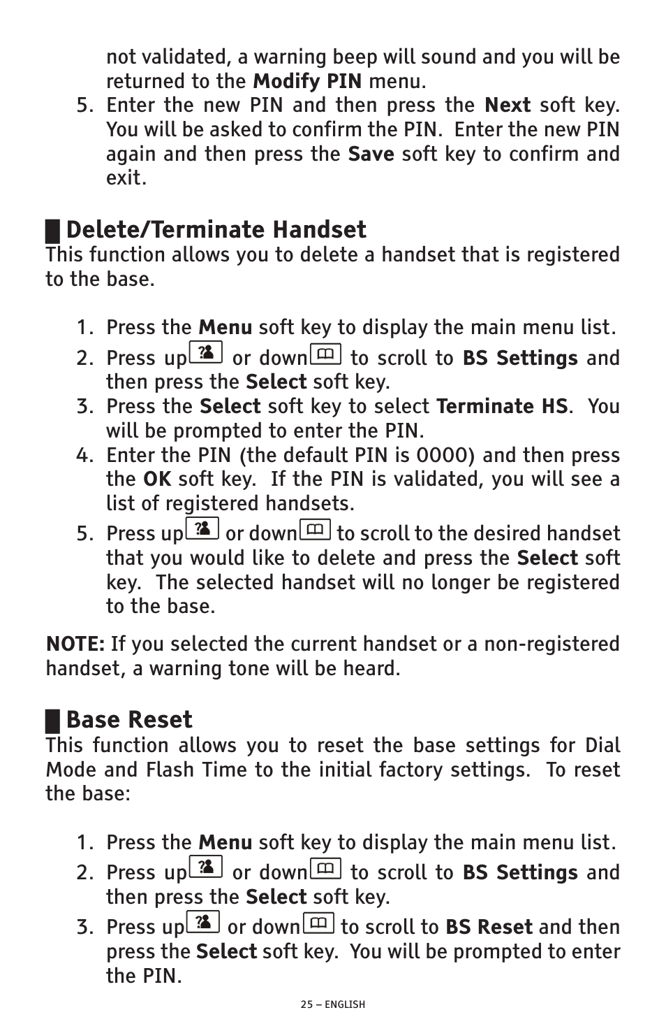 Delete/terminate handset, Base reset | ClearSounds A300 User Manual | Page 25 / 192