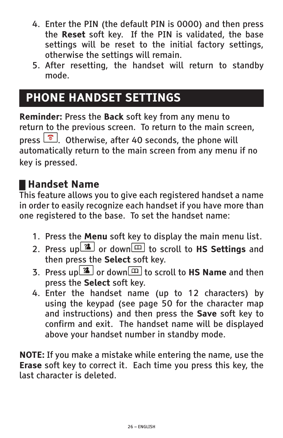 Phone handset settings, Handset name | ClearSounds A300 User Manual | Page 26 / 192