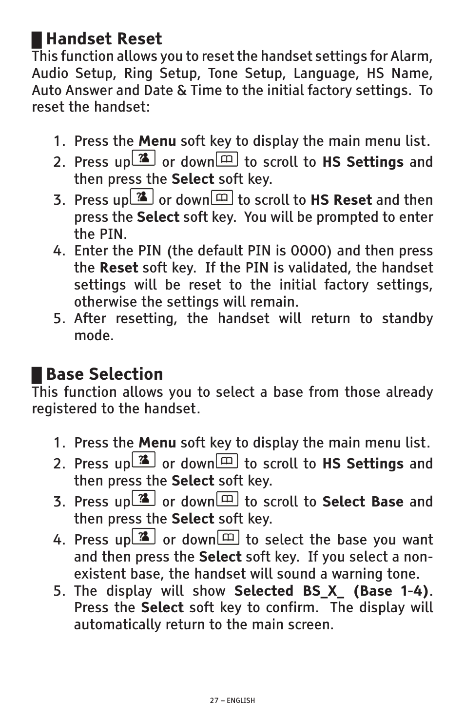 Handset reset, Base selection | ClearSounds A300 User Manual | Page 27 / 192