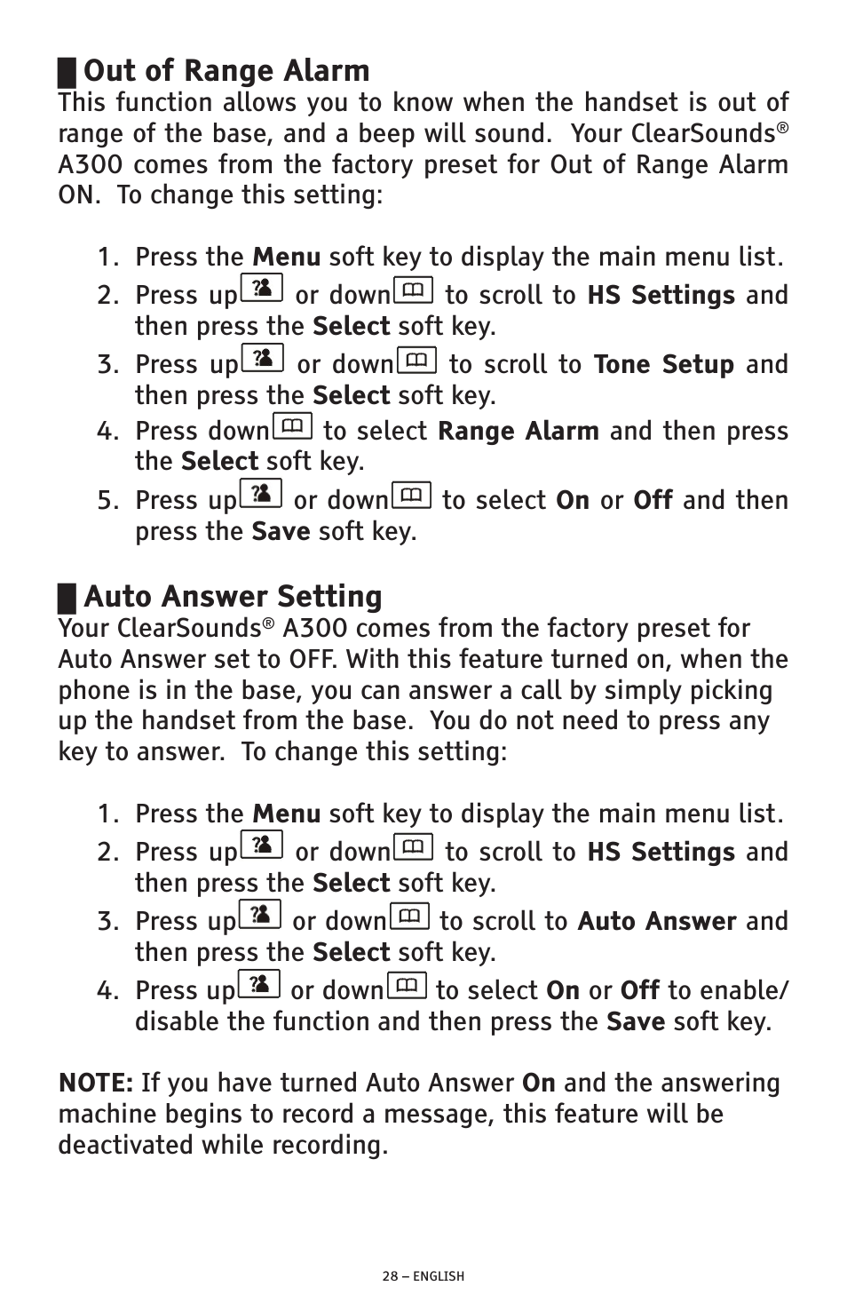 Out of range alarm, Auto answer setting | ClearSounds A300 User Manual | Page 28 / 192