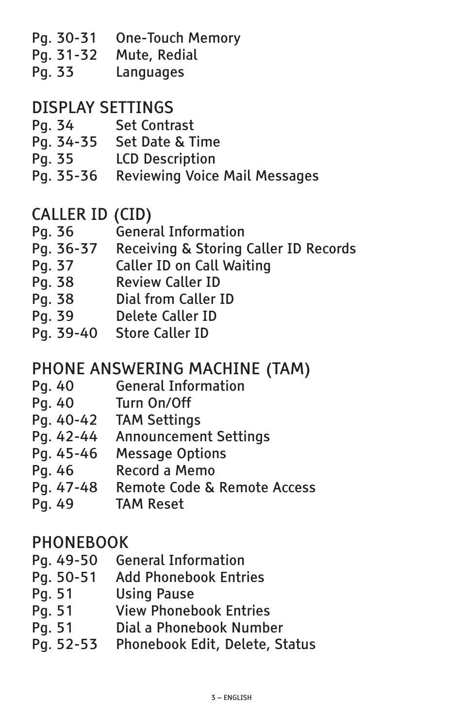 Display settings, Caller id (cid), Phone answering machine (tam) | Phonebook | ClearSounds A300 User Manual | Page 3 / 192