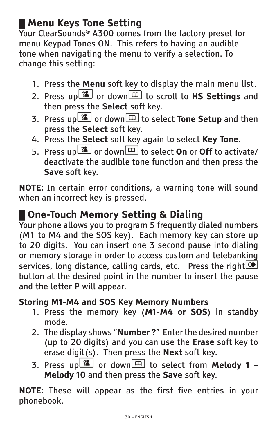 Menu keys tone setting | ClearSounds A300 User Manual | Page 30 / 192