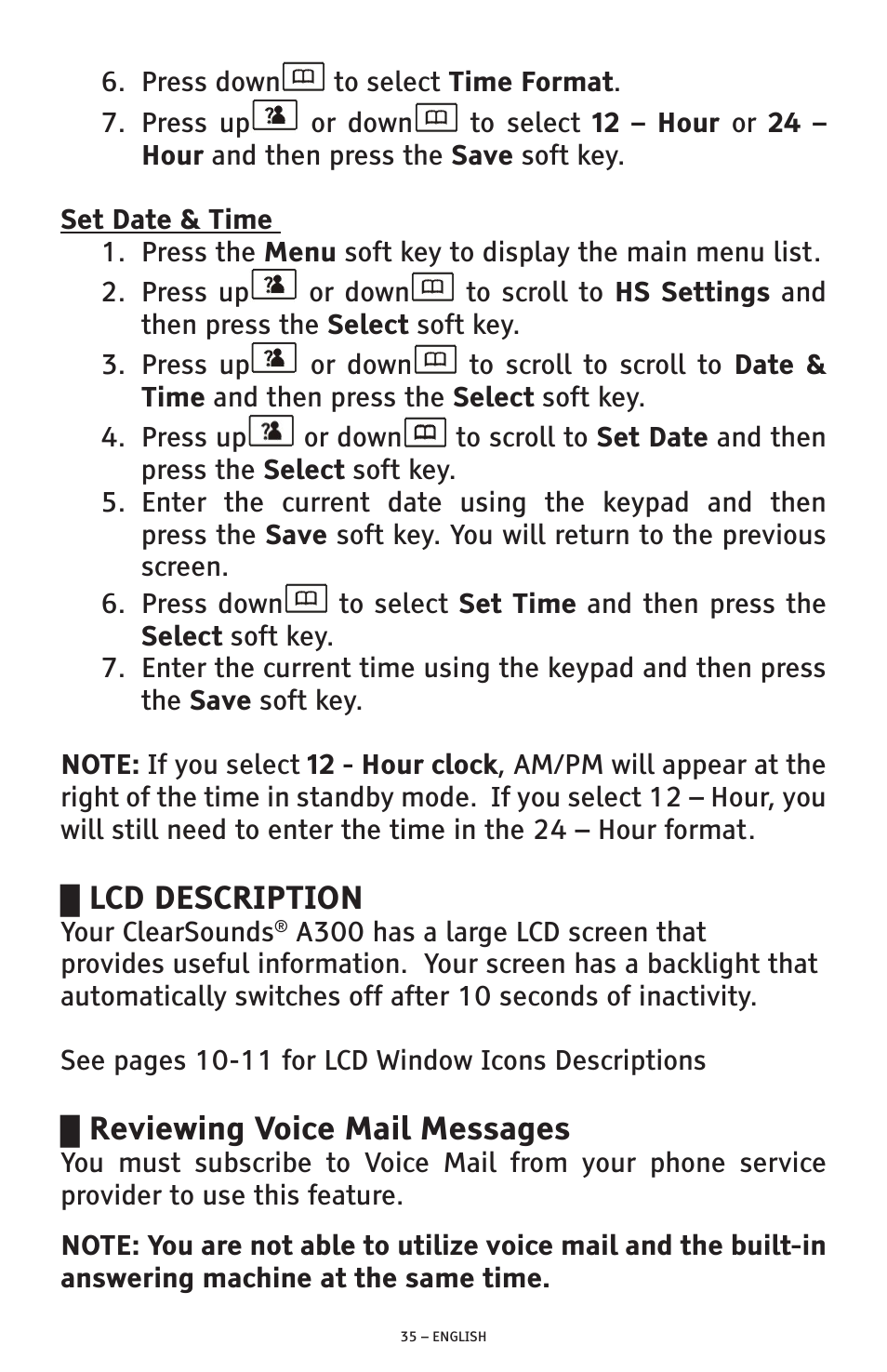 Lcd description, Reviewing voice mail messages | ClearSounds A300 User Manual | Page 35 / 192