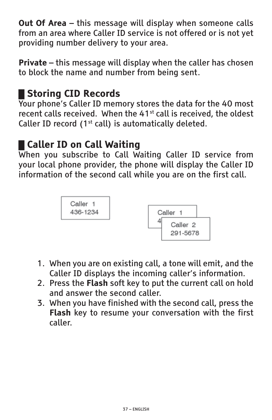 Storing cid records, Caller id on call waiting | ClearSounds A300 User Manual | Page 37 / 192