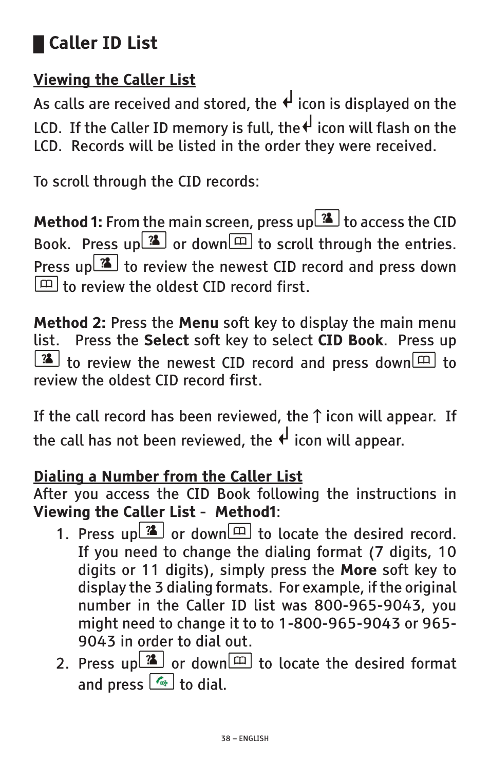 Caller id list | ClearSounds A300 User Manual | Page 38 / 192