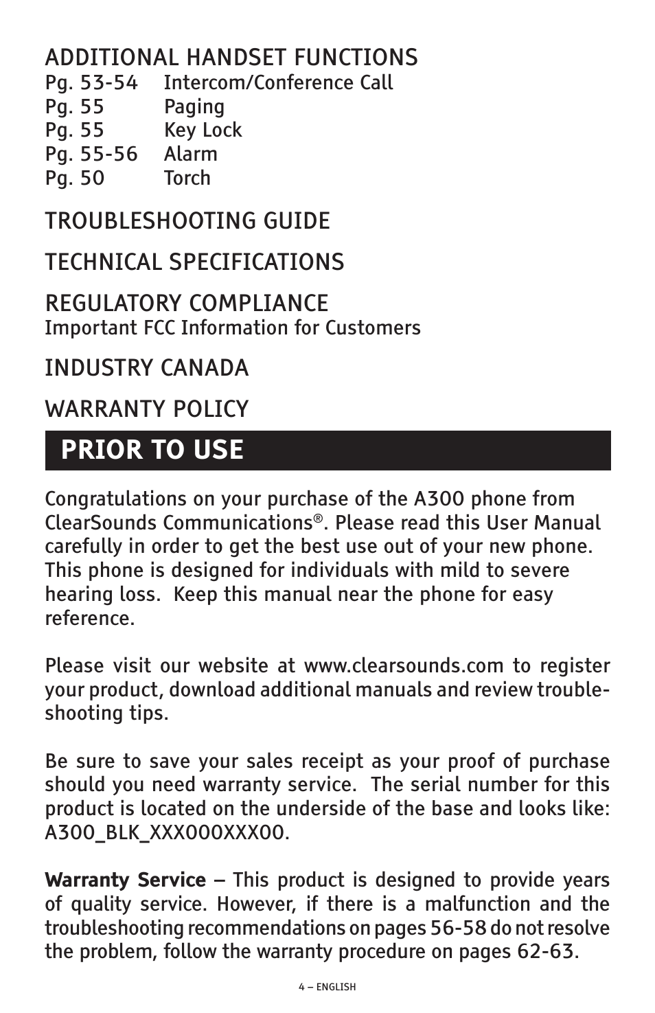 Prior to use, Additional handset functions, Industry canada warranty policy | ClearSounds A300 User Manual | Page 4 / 192
