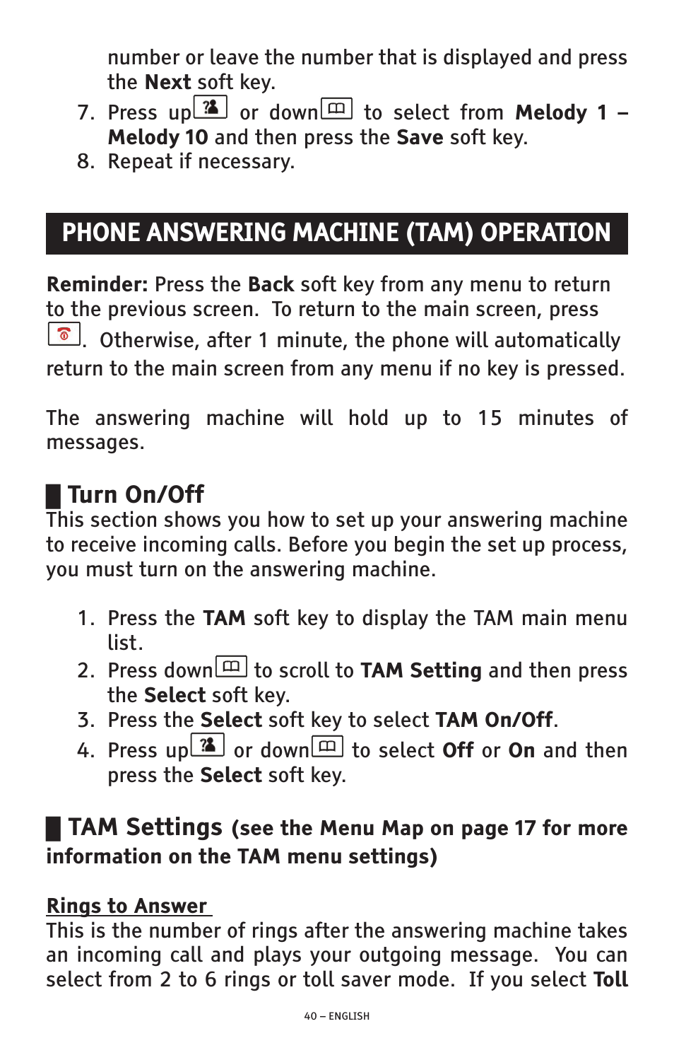 Phone answering machine (tam) operation, Turn on/off, Tam settings | ClearSounds A300 User Manual | Page 40 / 192