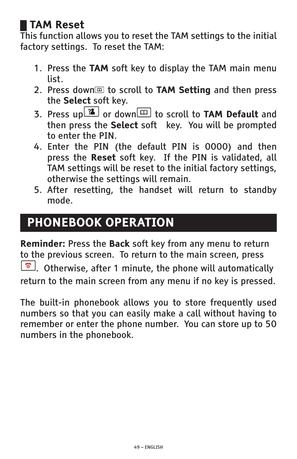 Phonebook operation, Tam reset | ClearSounds A300 User Manual | Page 49 / 192