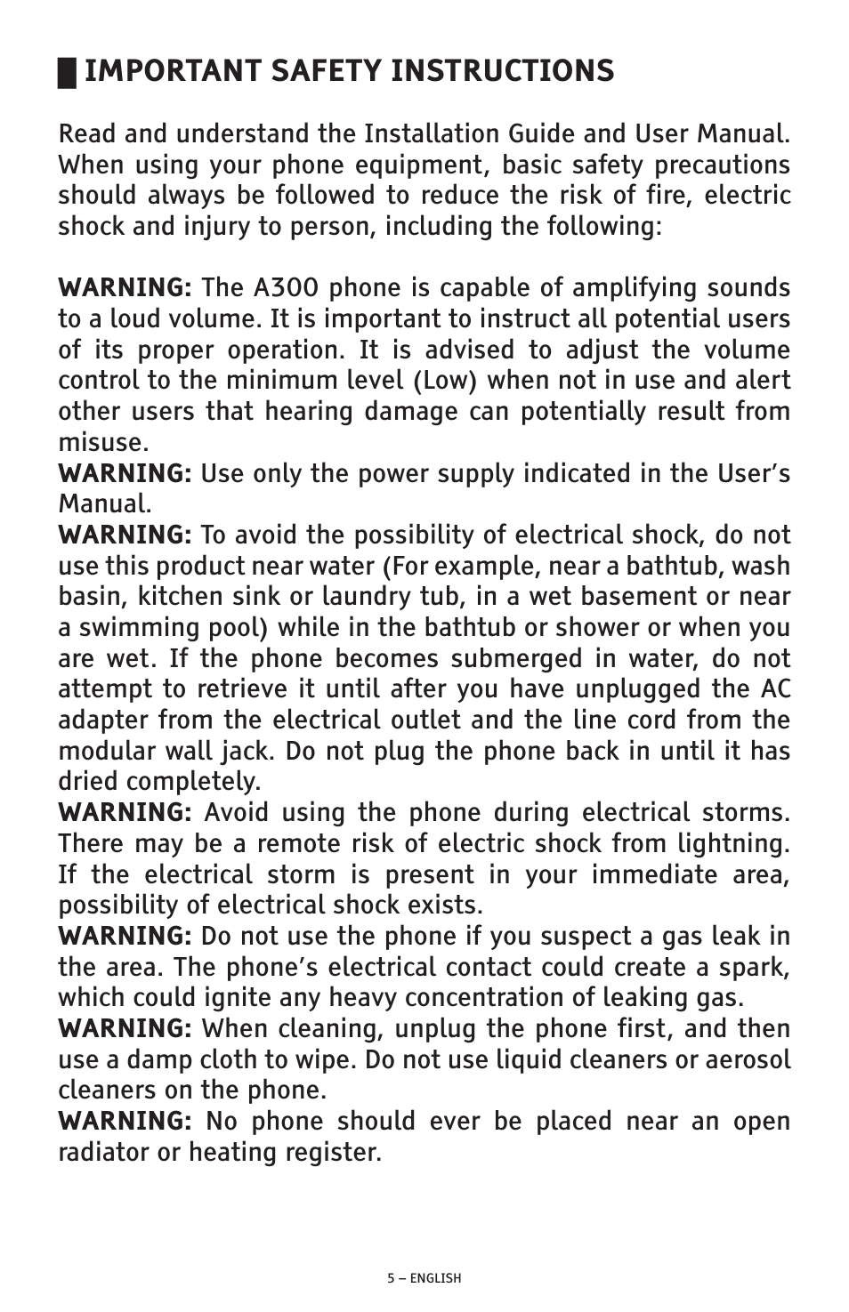 Important safety instructions | ClearSounds A300 User Manual | Page 5 / 192