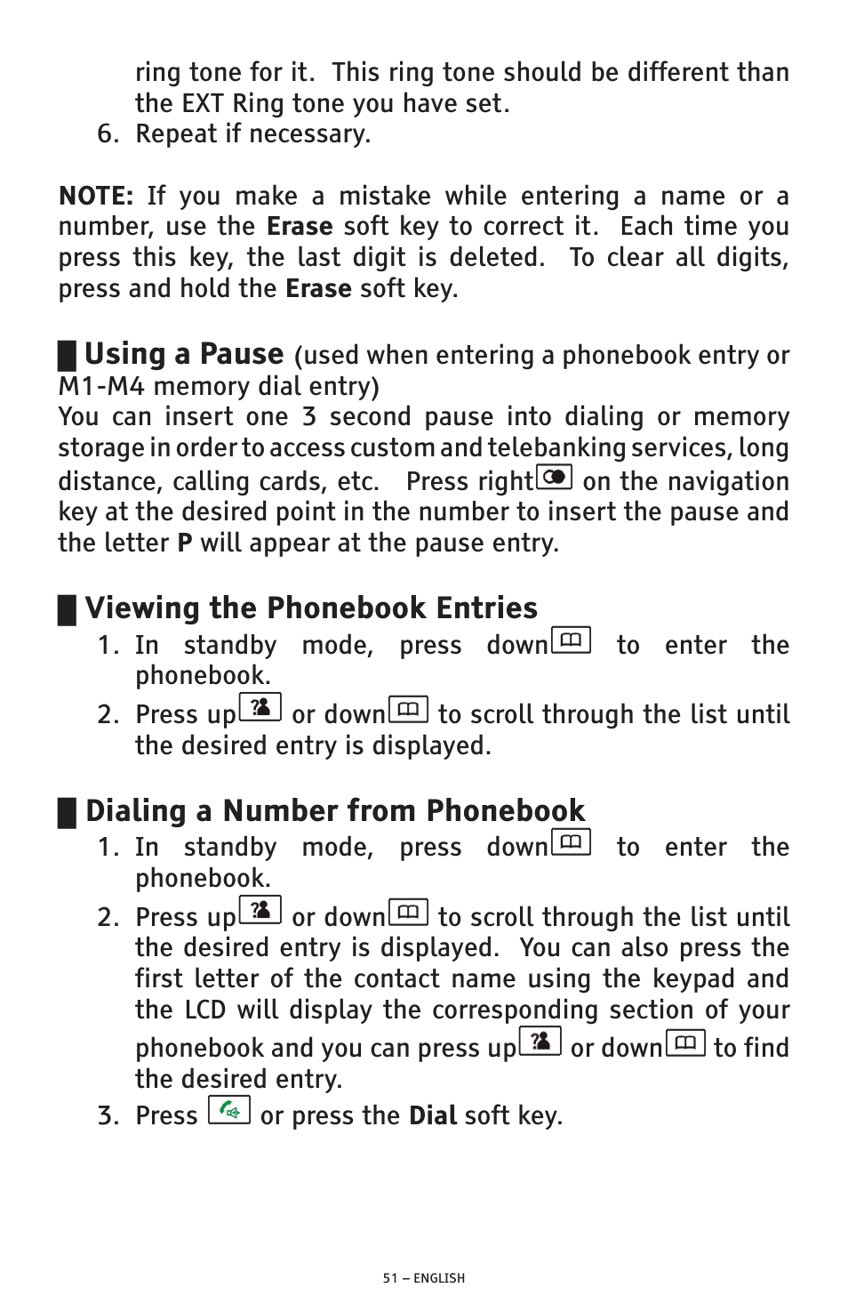 Using a pause, Viewing the phonebook entries, Dialing a number from phonebook | ClearSounds A300 User Manual | Page 51 / 192