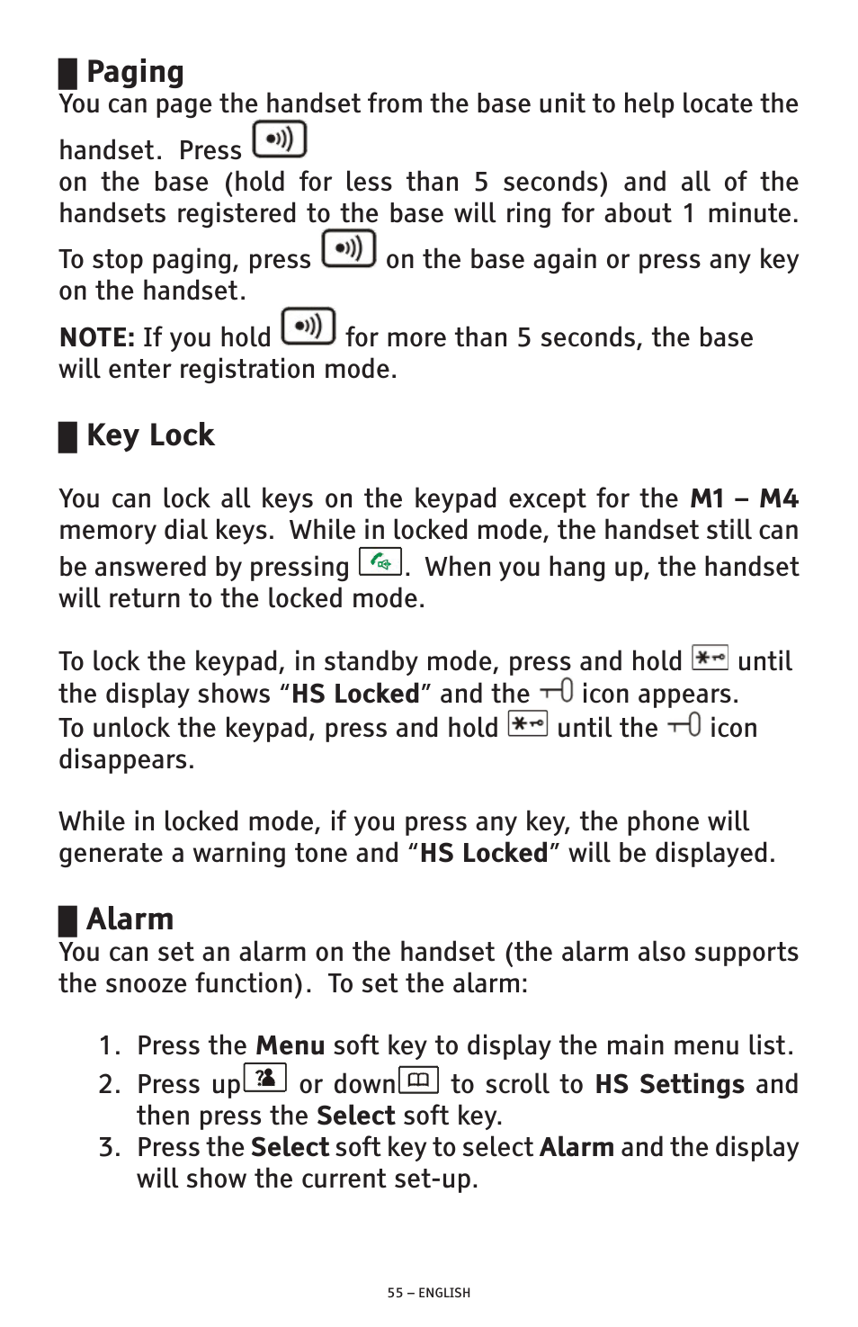 Paging, Key lock, Alarm | ClearSounds A300 User Manual | Page 55 / 192
