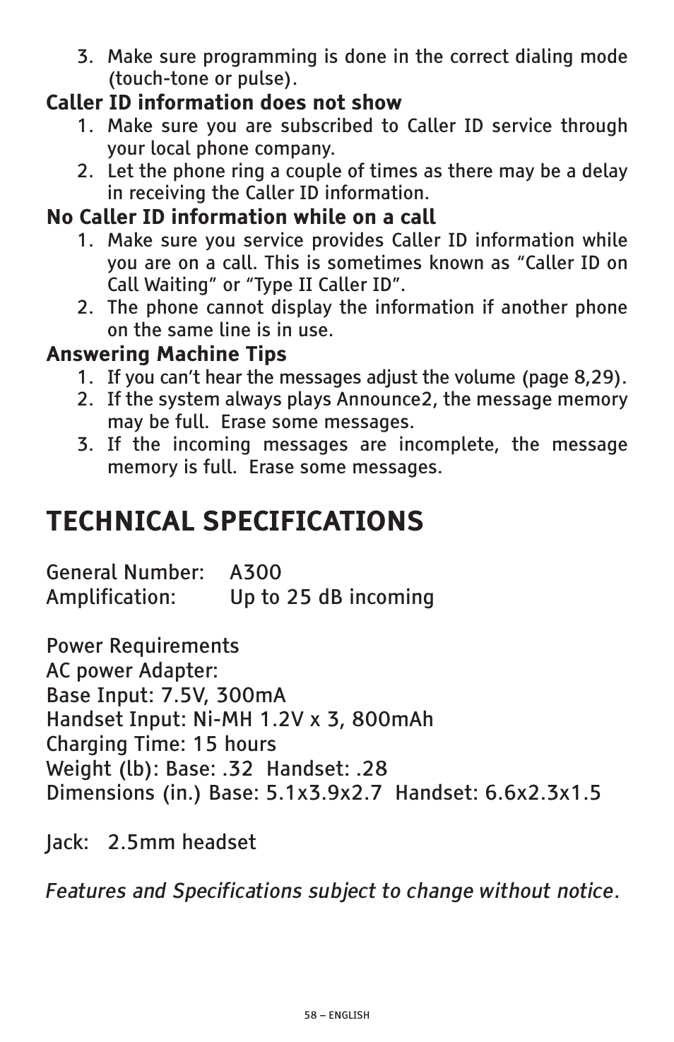 Technical specifications | ClearSounds A300 User Manual | Page 58 / 192