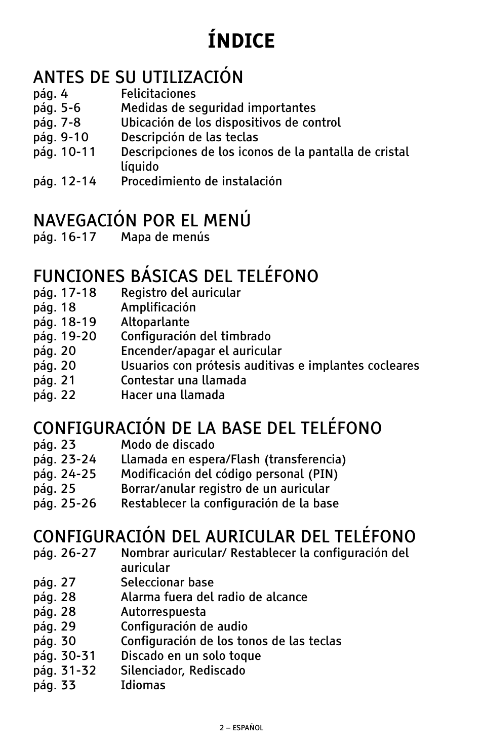 Índice, Antes de su utilización, Navegación por el menú | Funciones básicas del teléfono, Configuración de la base del teléfono, Configuración del auricular del teléfono | ClearSounds A300 User Manual | Page 66 / 192
