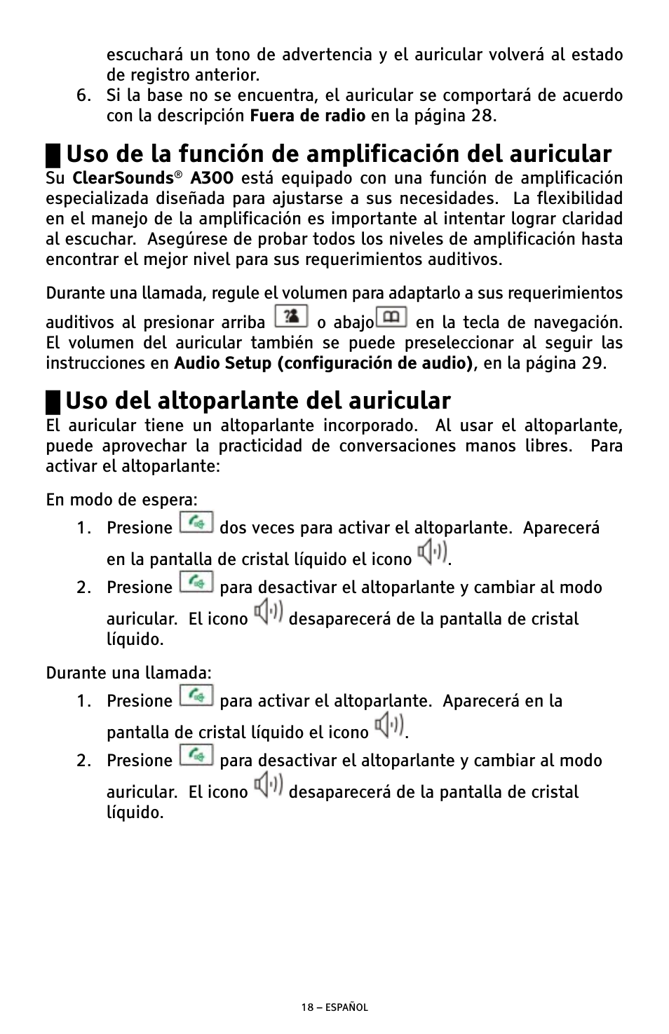 Uso de la función de amplificación del auricular, Uso del altoparlante del auricular | ClearSounds A300 User Manual | Page 82 / 192