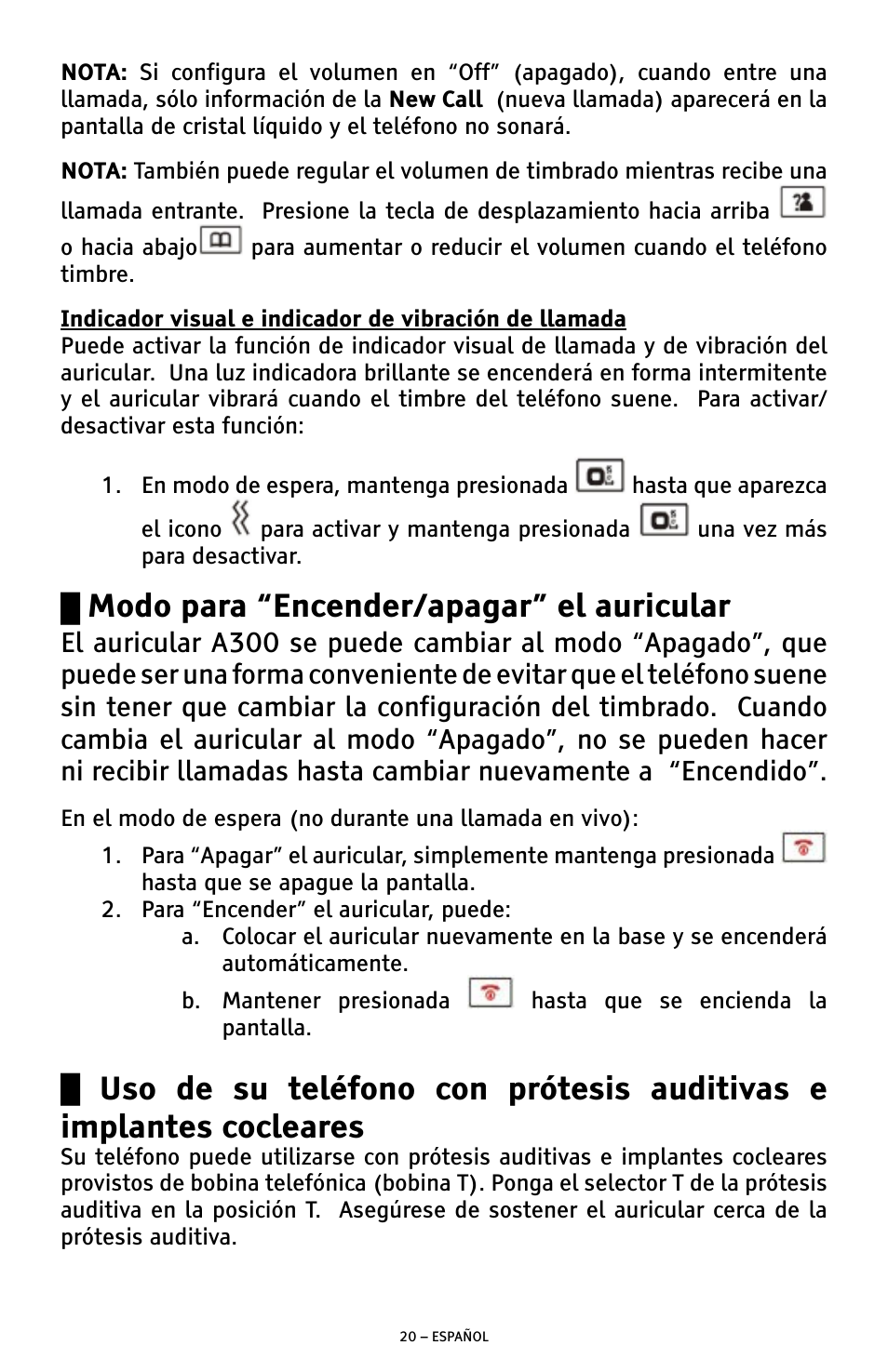 Modo para “encender/apagar” el auricular | ClearSounds A300 User Manual | Page 84 / 192