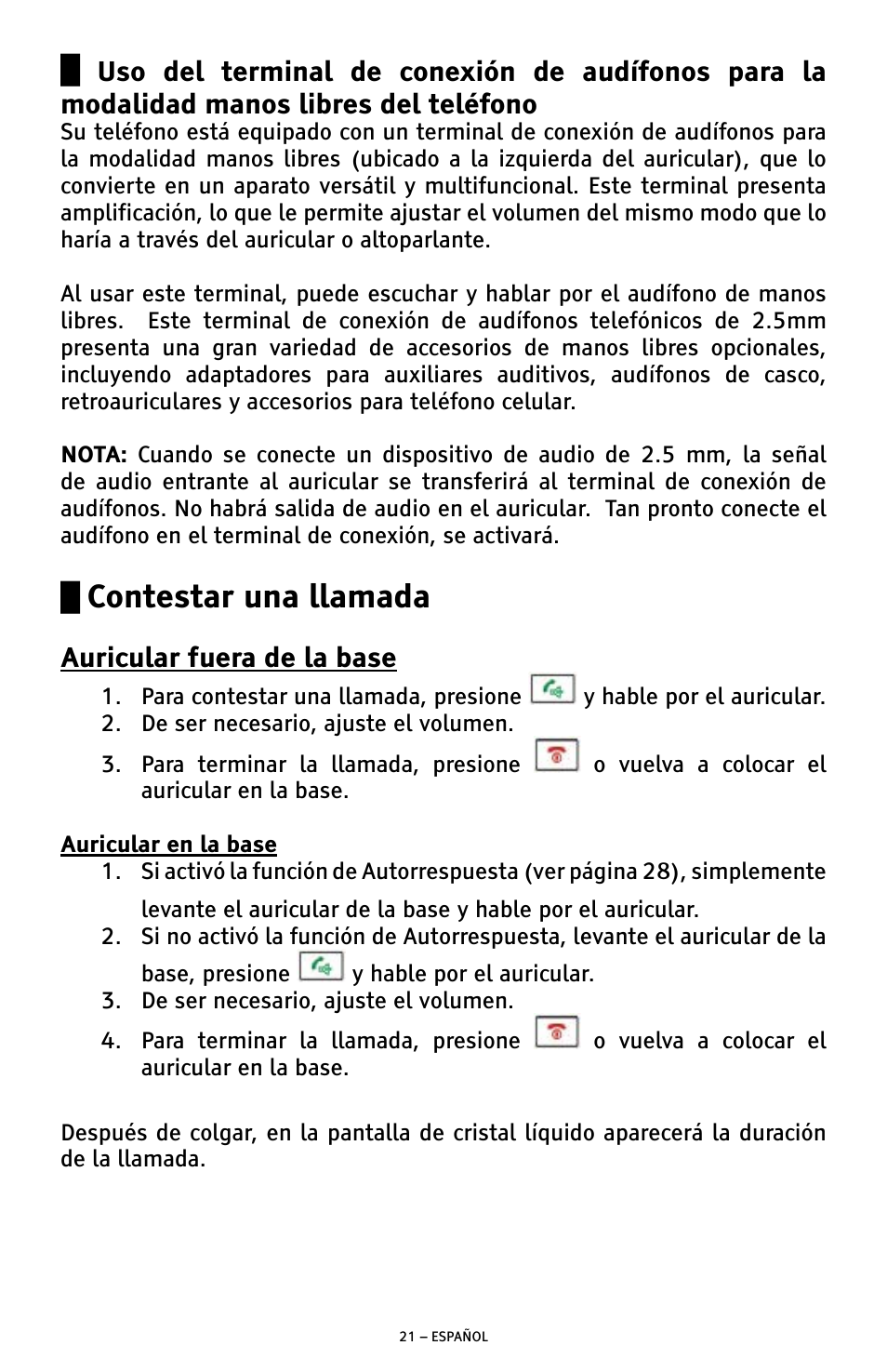 Contestar una llamada, Auricular fuera de la base | ClearSounds A300 User Manual | Page 85 / 192