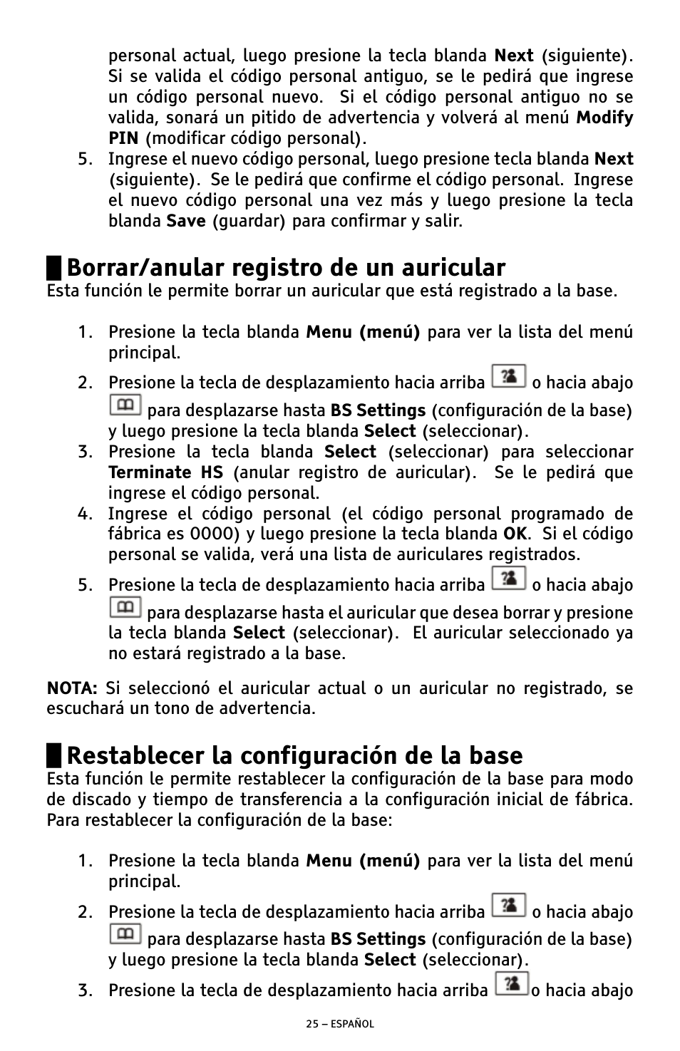Borrar/anular registro de un auricular, Restablecer la configuración de la base | ClearSounds A300 User Manual | Page 89 / 192