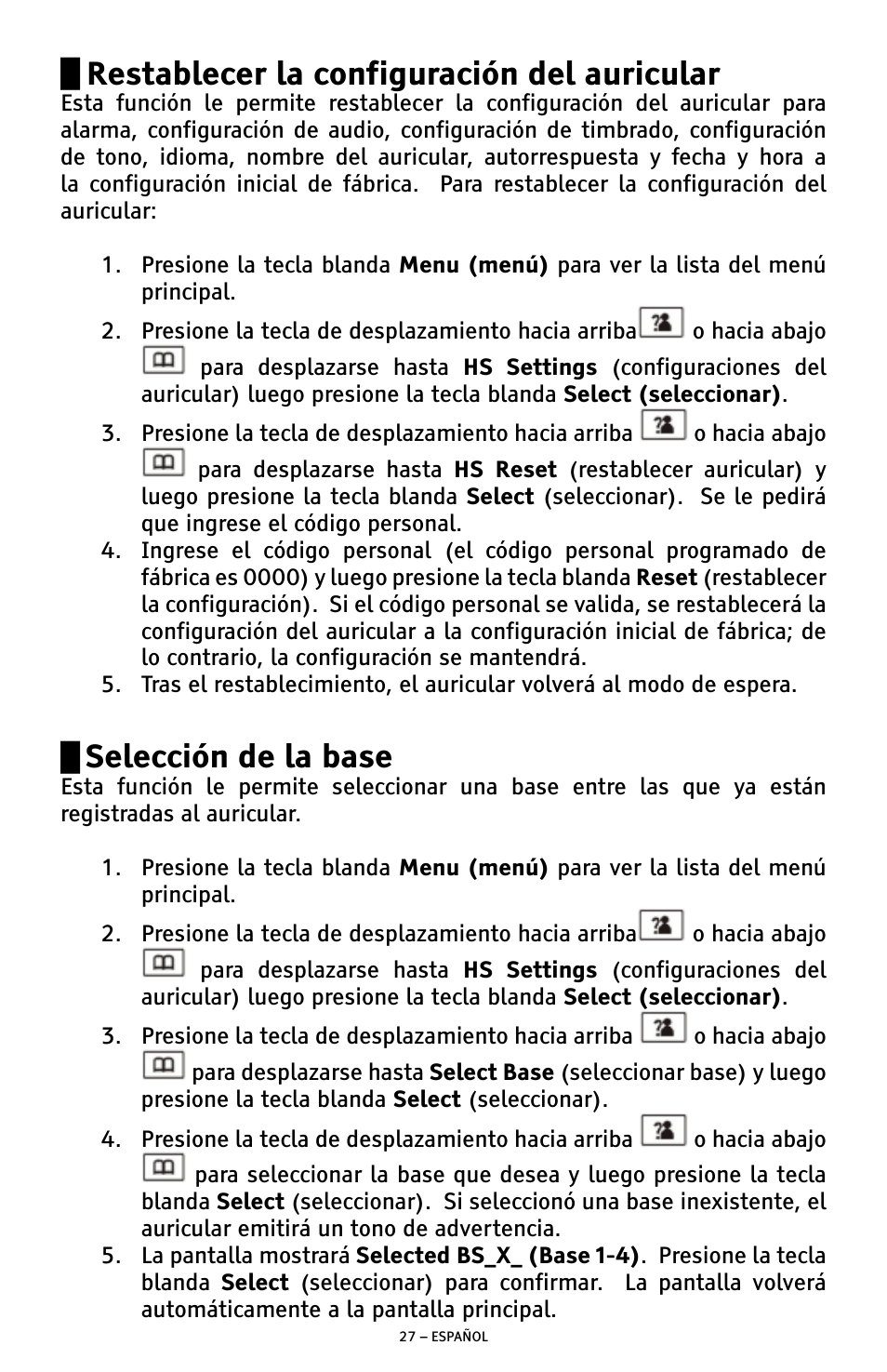 Restablecer la configuración del auricular, Selección de la base | ClearSounds A300 User Manual | Page 91 / 192
