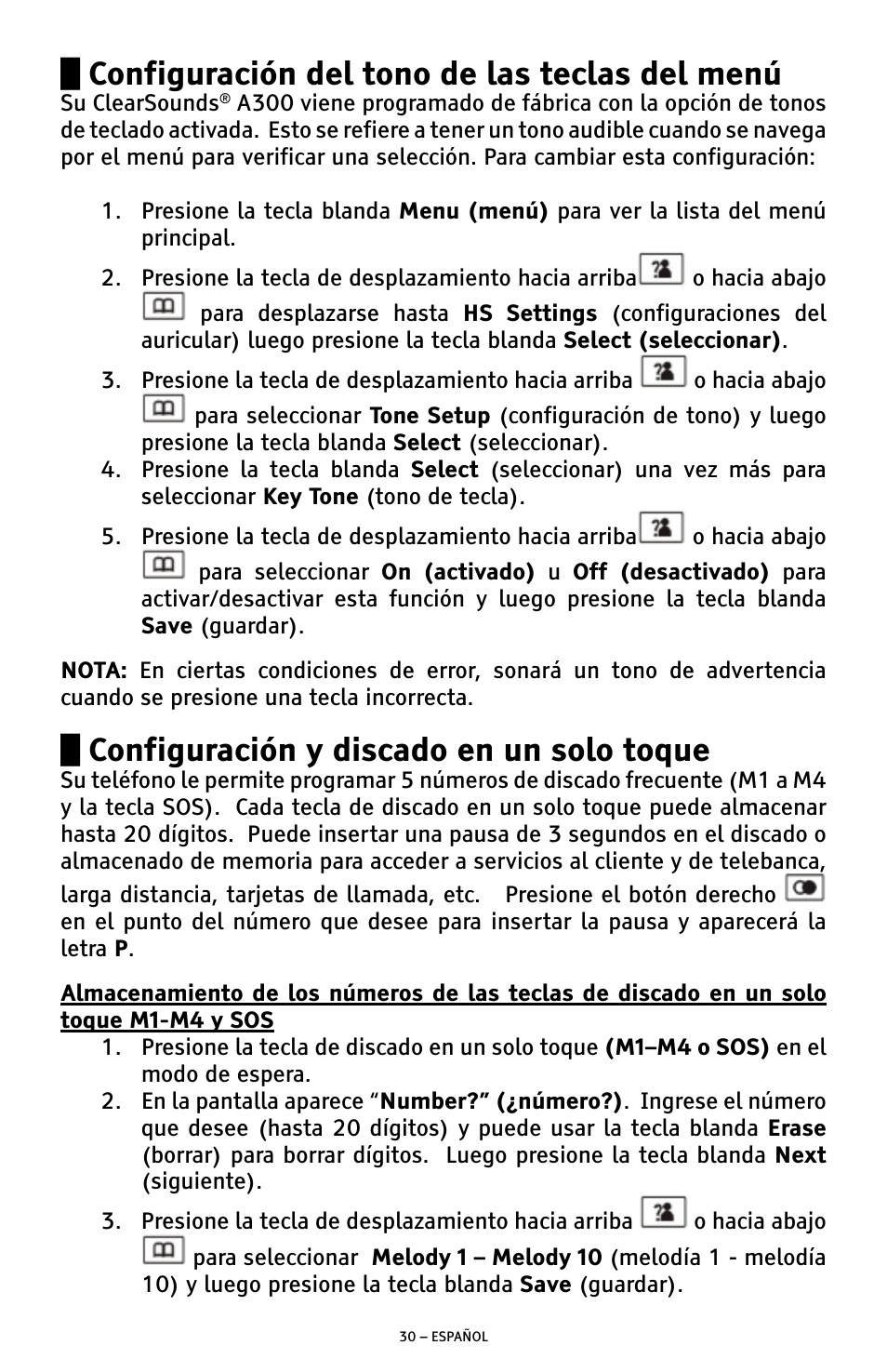 Configuración del tono de las teclas del menú, Configuración y discado en un solo toque | ClearSounds A300 User Manual | Page 94 / 192