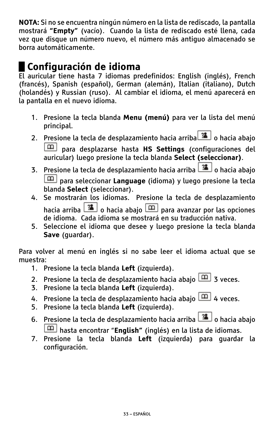 Configuración de idioma | ClearSounds A300 User Manual | Page 97 / 192