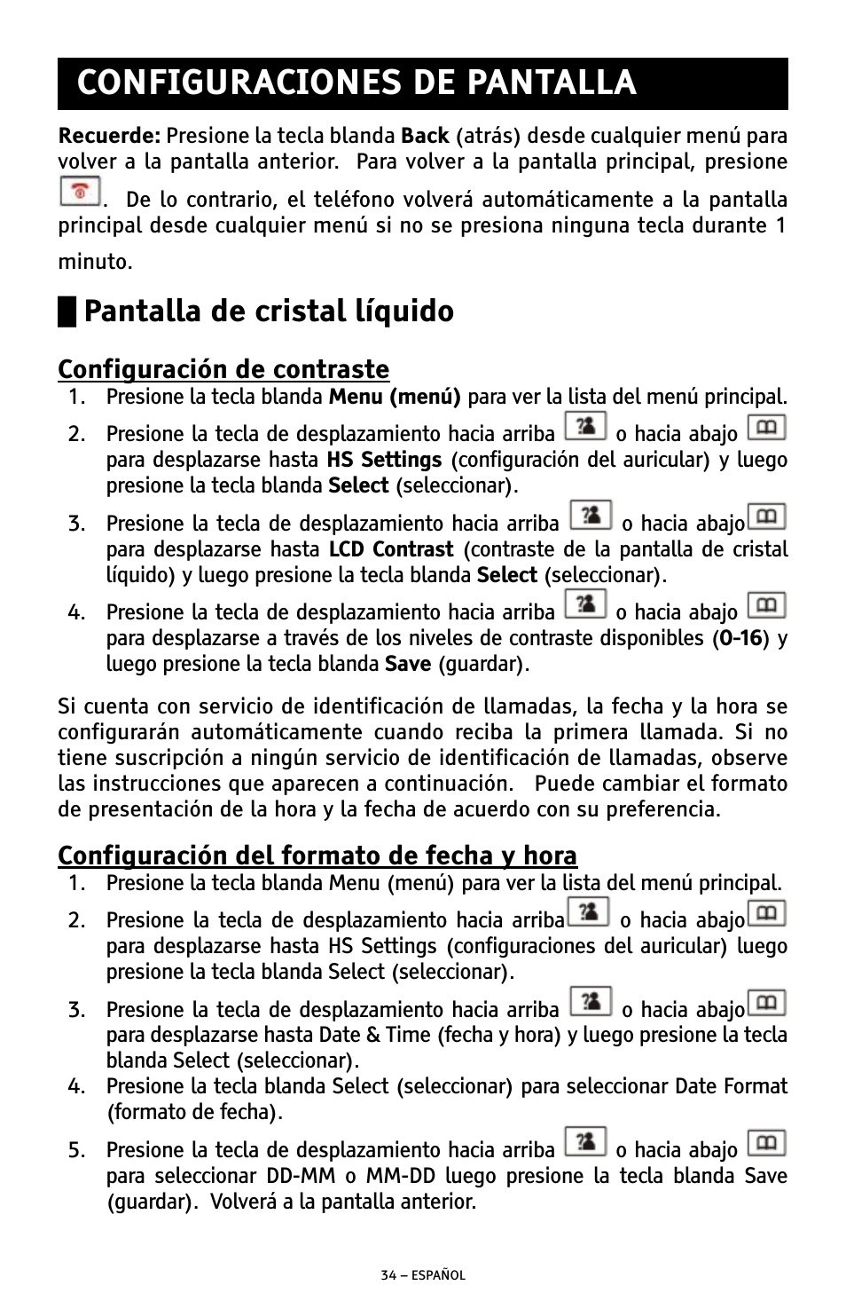 Configuraciones de pantalla, Pantalla de cristal líquido | ClearSounds A300 User Manual | Page 98 / 192