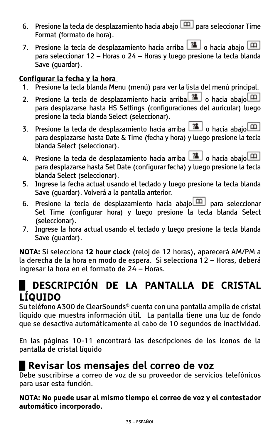 Descripción de la pantalla de cristal líquido, Revisar los mensajes del correo de voz | ClearSounds A300 User Manual | Page 99 / 192