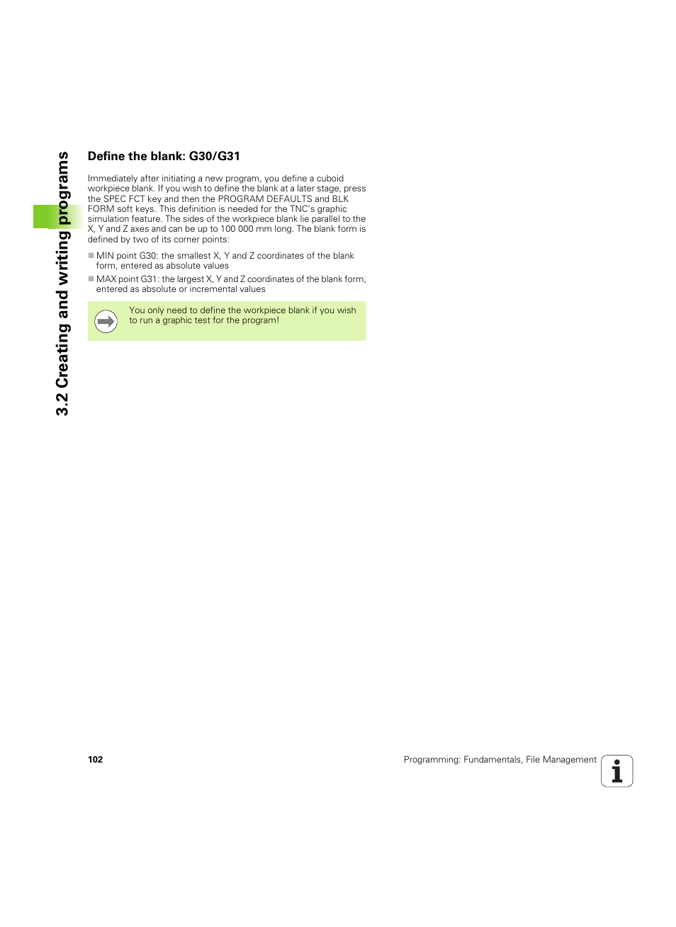 Define the blank: g30/g31, 2 cr eating and wr iting pr ogr ams | HEIDENHAIN iTNC 530 (60642x-04) ISO programming User Manual | Page 102 / 664
