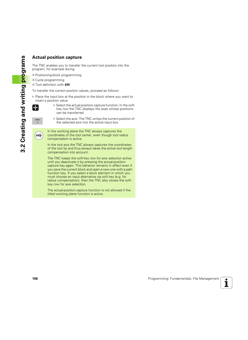 Actual position capture, 2 cr eating and wr iting pr ogr ams | HEIDENHAIN iTNC 530 (60642x-04) ISO programming User Manual | Page 106 / 664