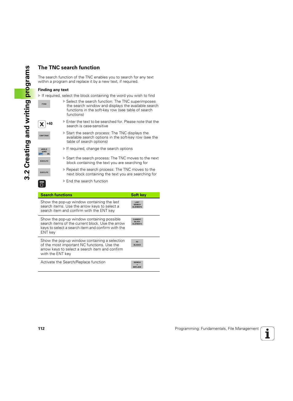 The tnc search function, 2 cr eating and wr iting pr ogr ams | HEIDENHAIN iTNC 530 (60642x-04) ISO programming User Manual | Page 112 / 664