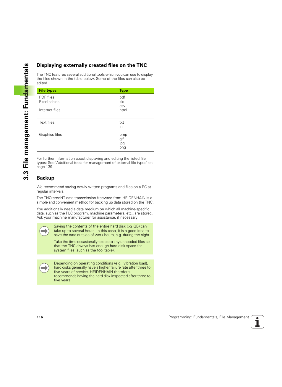Displaying externally created files on the tnc, Backup, 3 file manag ement: fundamentals | HEIDENHAIN iTNC 530 (60642x-04) ISO programming User Manual | Page 116 / 664