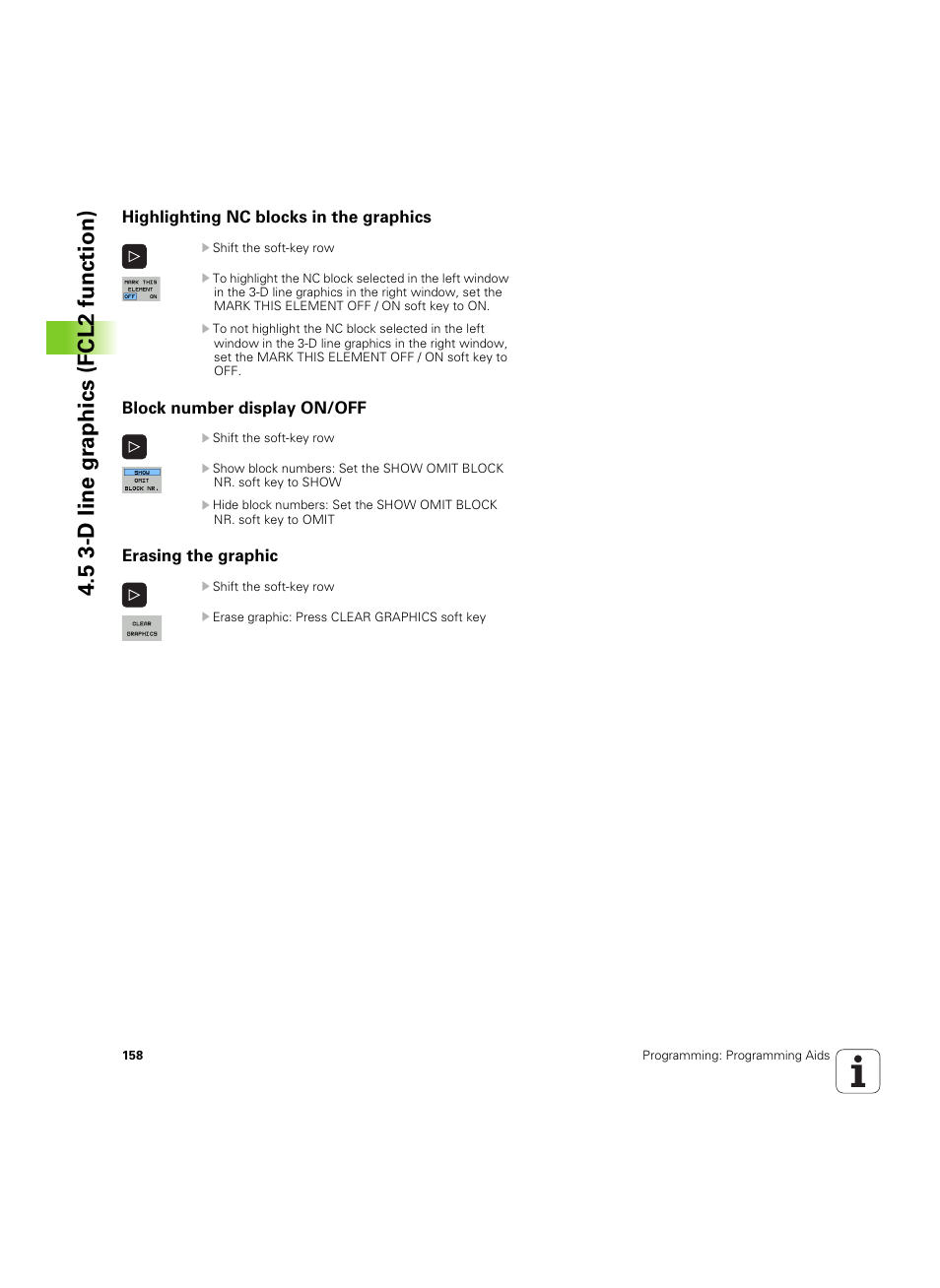 Highlighting nc blocks in the graphics, Block number display on/off, Erasing the graphic | 5 3-d line gr aphics (fcl2 function) | HEIDENHAIN iTNC 530 (60642x-04) ISO programming User Manual | Page 158 / 664