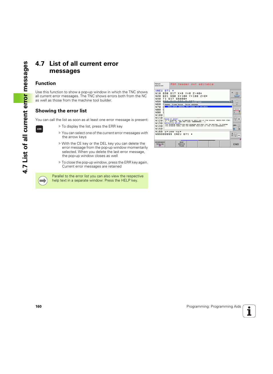 7 list of all current error messages, Function, Showing the error list | HEIDENHAIN iTNC 530 (60642x-04) ISO programming User Manual | Page 160 / 664