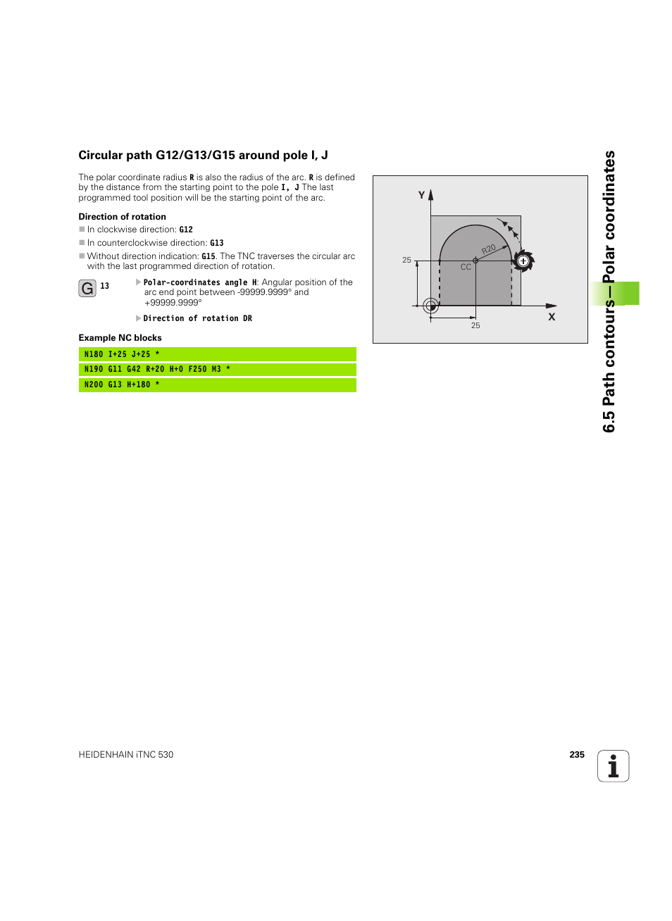 Circular path g12/g13/g15 around pole i, j, 5 pa th cont ours—p olar coor dinat es | HEIDENHAIN iTNC 530 (60642x-04) ISO programming User Manual | Page 235 / 664