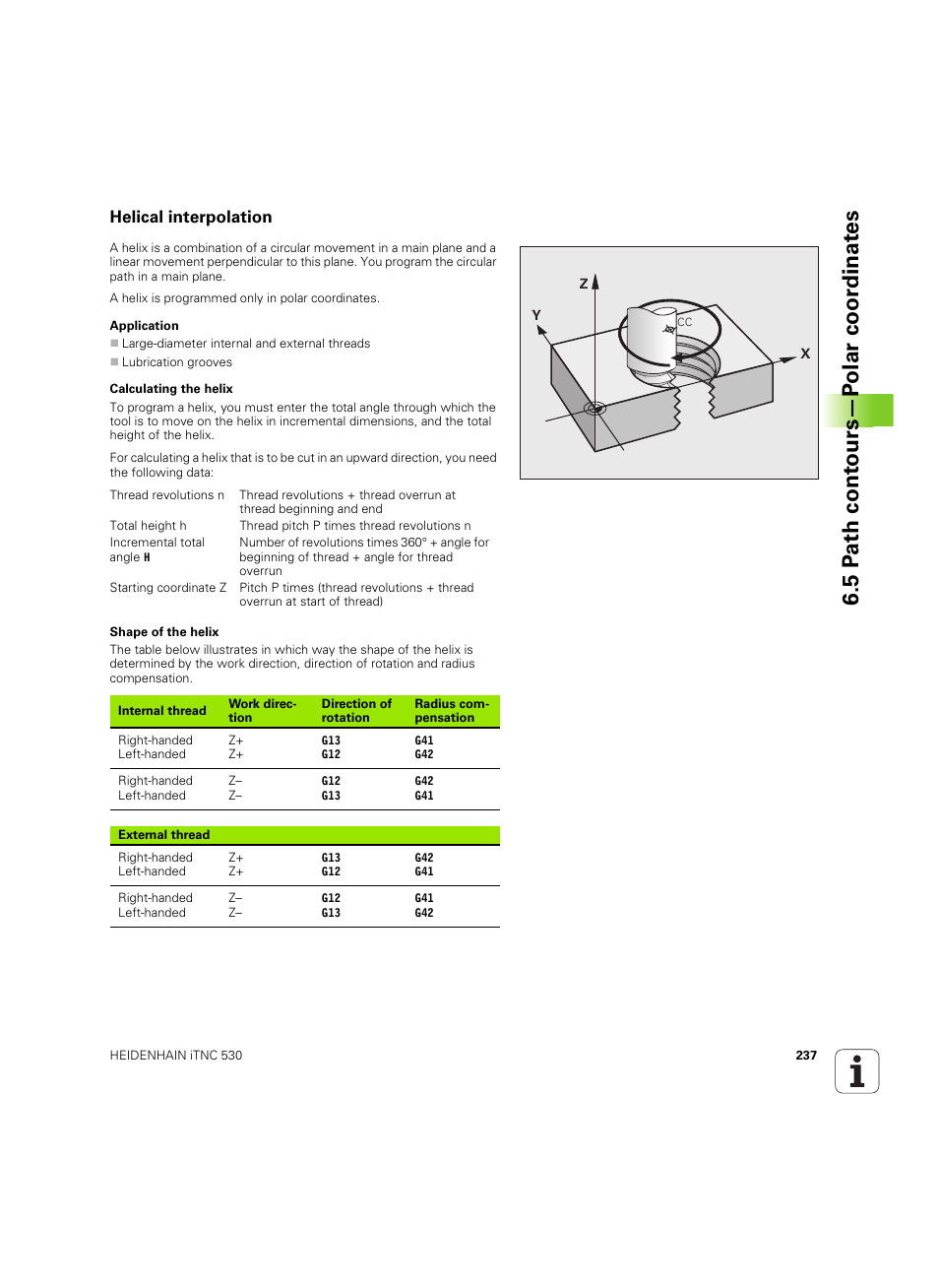 Helical interpolation, 5 pa th cont ours—p olar coor dinat es | HEIDENHAIN iTNC 530 (60642x-04) ISO programming User Manual | Page 237 / 664