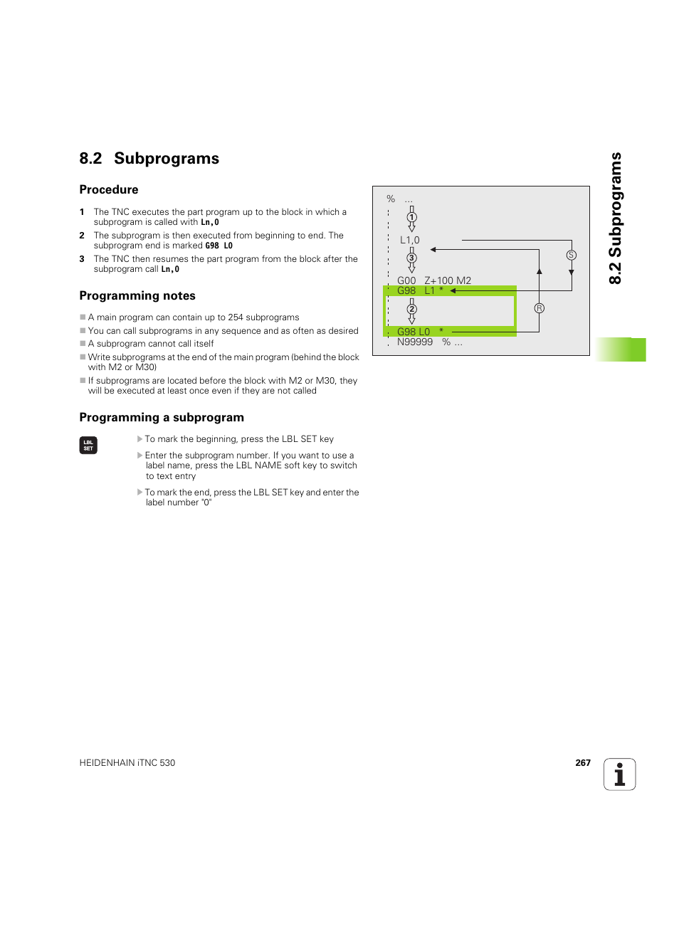 2 subprograms, Procedure, Programming notes | Programming a subprogram, 2 subpr ogr ams 8.2 subprograms | HEIDENHAIN iTNC 530 (60642x-04) ISO programming User Manual | Page 267 / 664