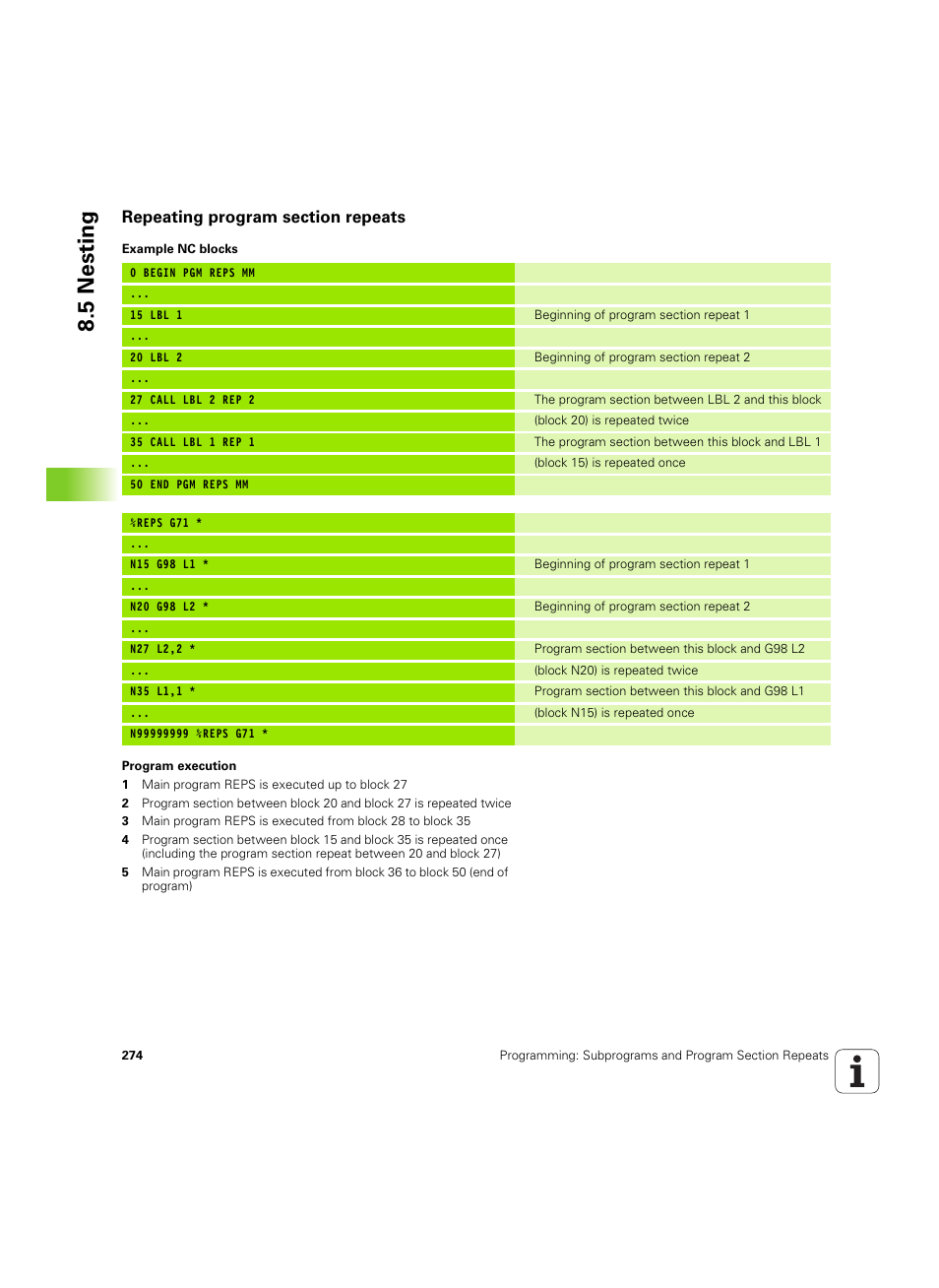 Repeating program section repeats, 5 nesting | HEIDENHAIN iTNC 530 (60642x-04) ISO programming User Manual | Page 274 / 664