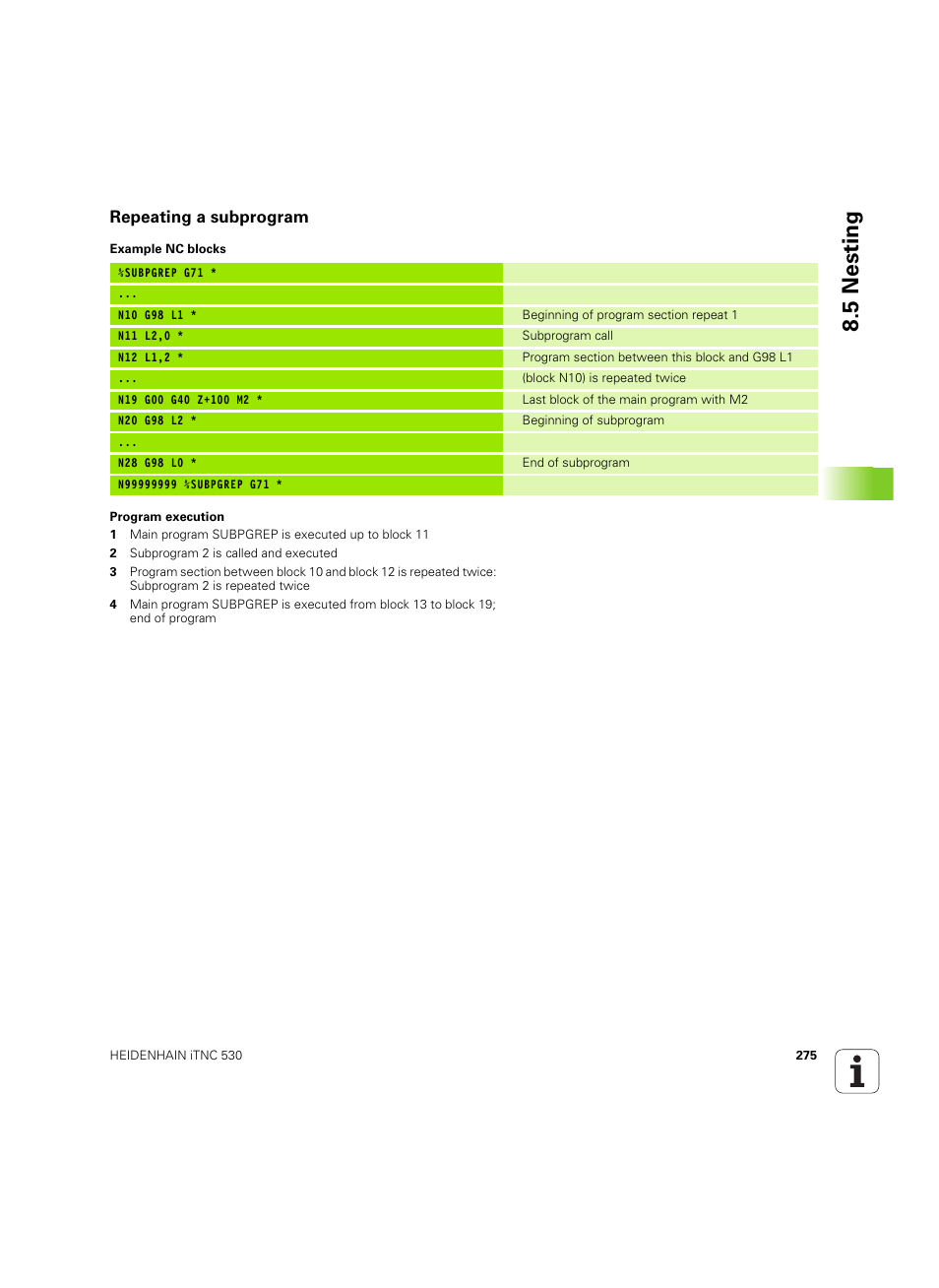 Repeating a subprogram, 5 nesting | HEIDENHAIN iTNC 530 (60642x-04) ISO programming User Manual | Page 275 / 664