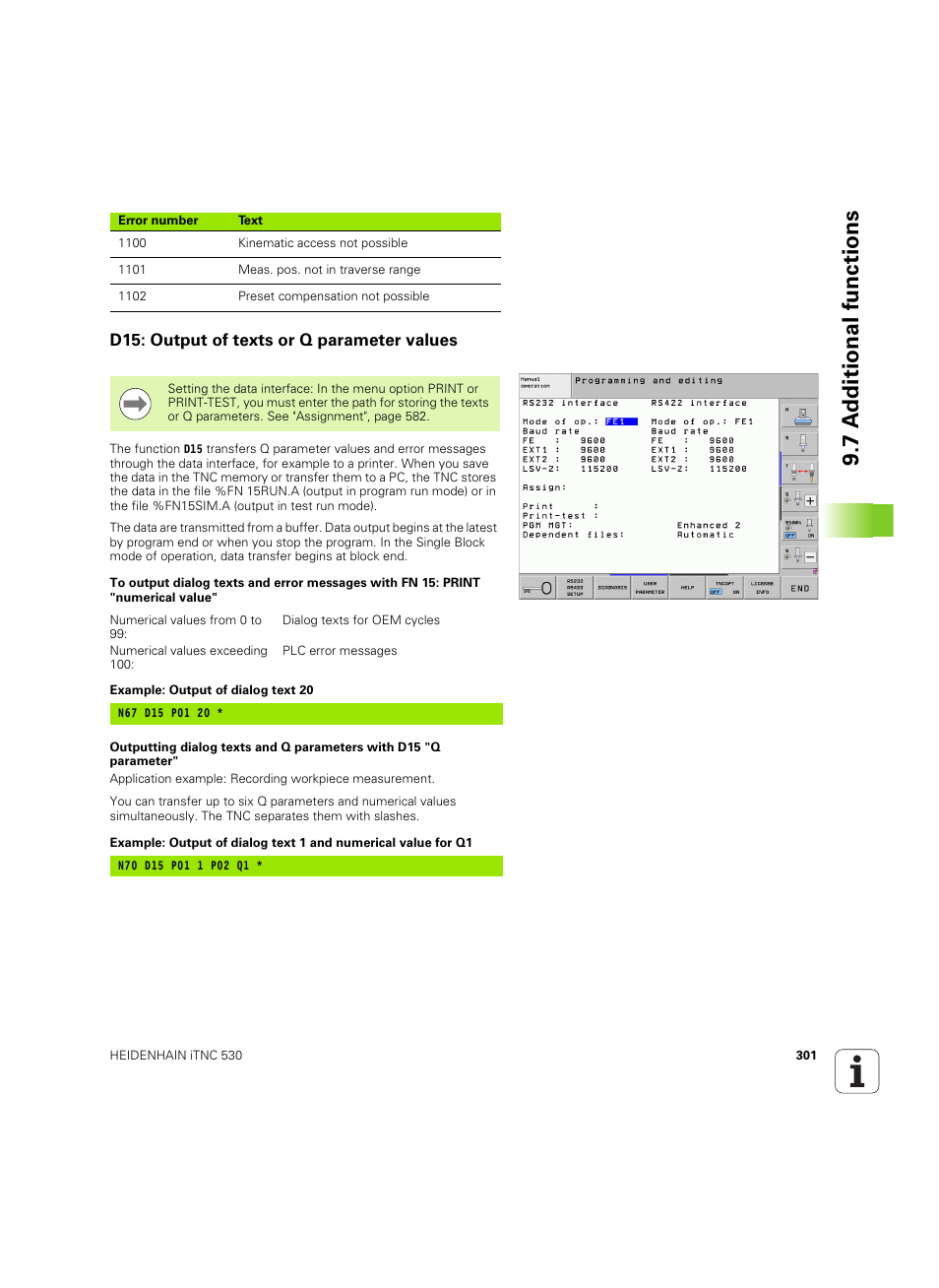 D15: output of texts or q parameter values, 7 a d ditional functions | HEIDENHAIN iTNC 530 (60642x-04) ISO programming User Manual | Page 301 / 664