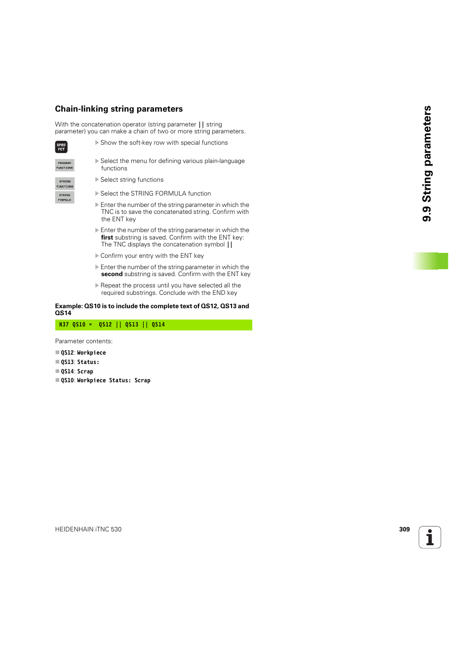 Chain-linking string parameters, 9 str ing par amet ers | HEIDENHAIN iTNC 530 (60642x-04) ISO programming User Manual | Page 309 / 664