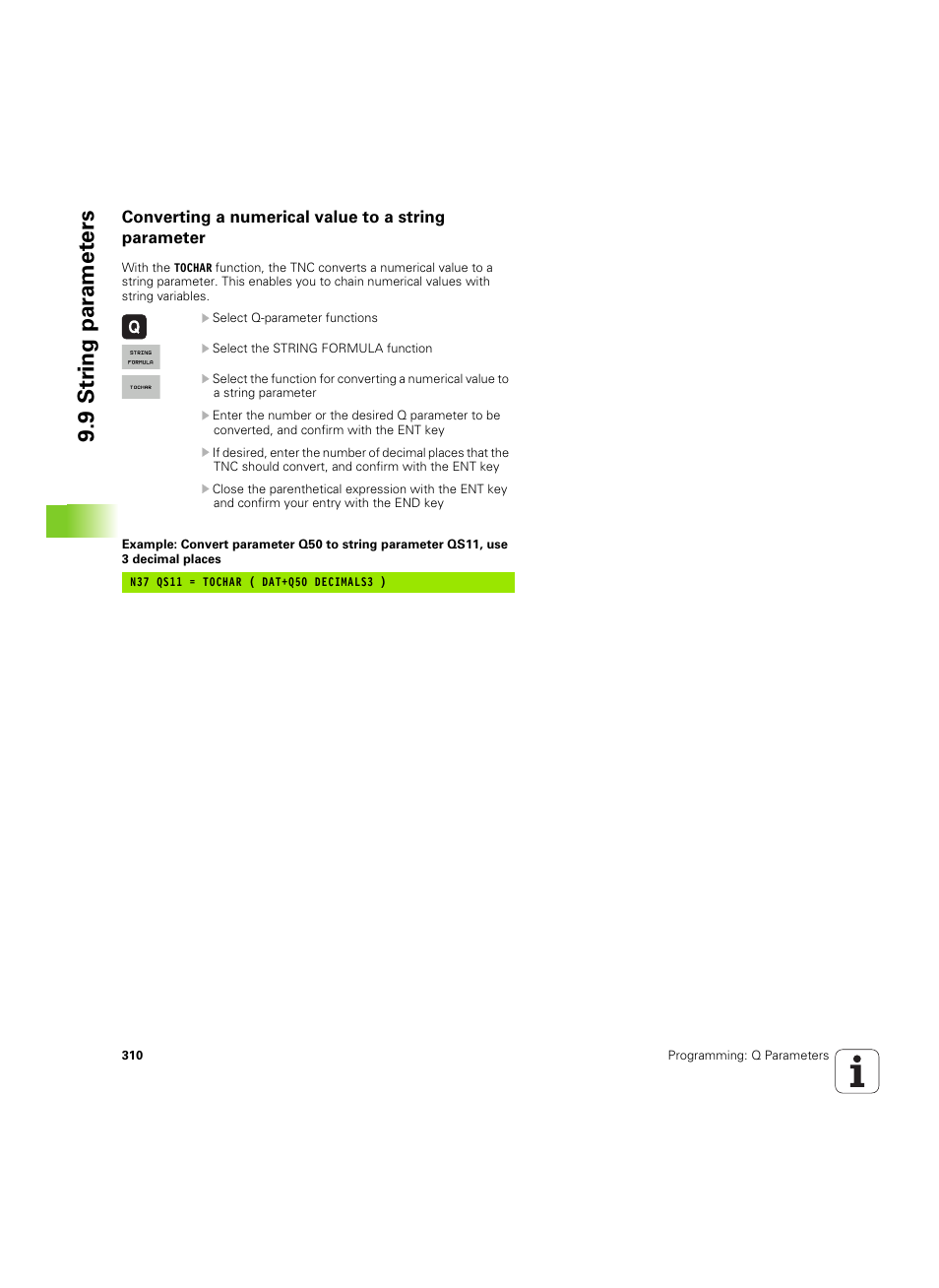 Converting a numerical value to a string parameter, 9 str ing par amet ers | HEIDENHAIN iTNC 530 (60642x-04) ISO programming User Manual | Page 310 / 664