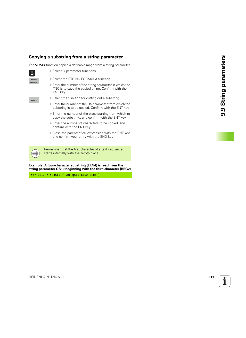 Copying a substring from a string parameter, 9 str ing par amet ers | HEIDENHAIN iTNC 530 (60642x-04) ISO programming User Manual | Page 311 / 664