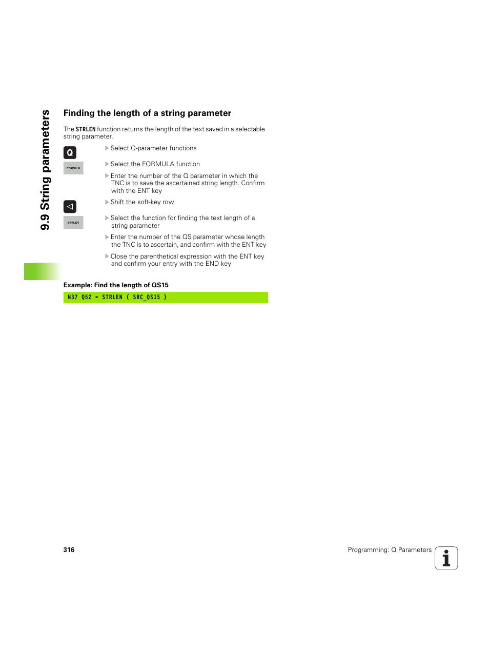 Finding the length of a string parameter, 9 str ing par amet ers | HEIDENHAIN iTNC 530 (60642x-04) ISO programming User Manual | Page 316 / 664