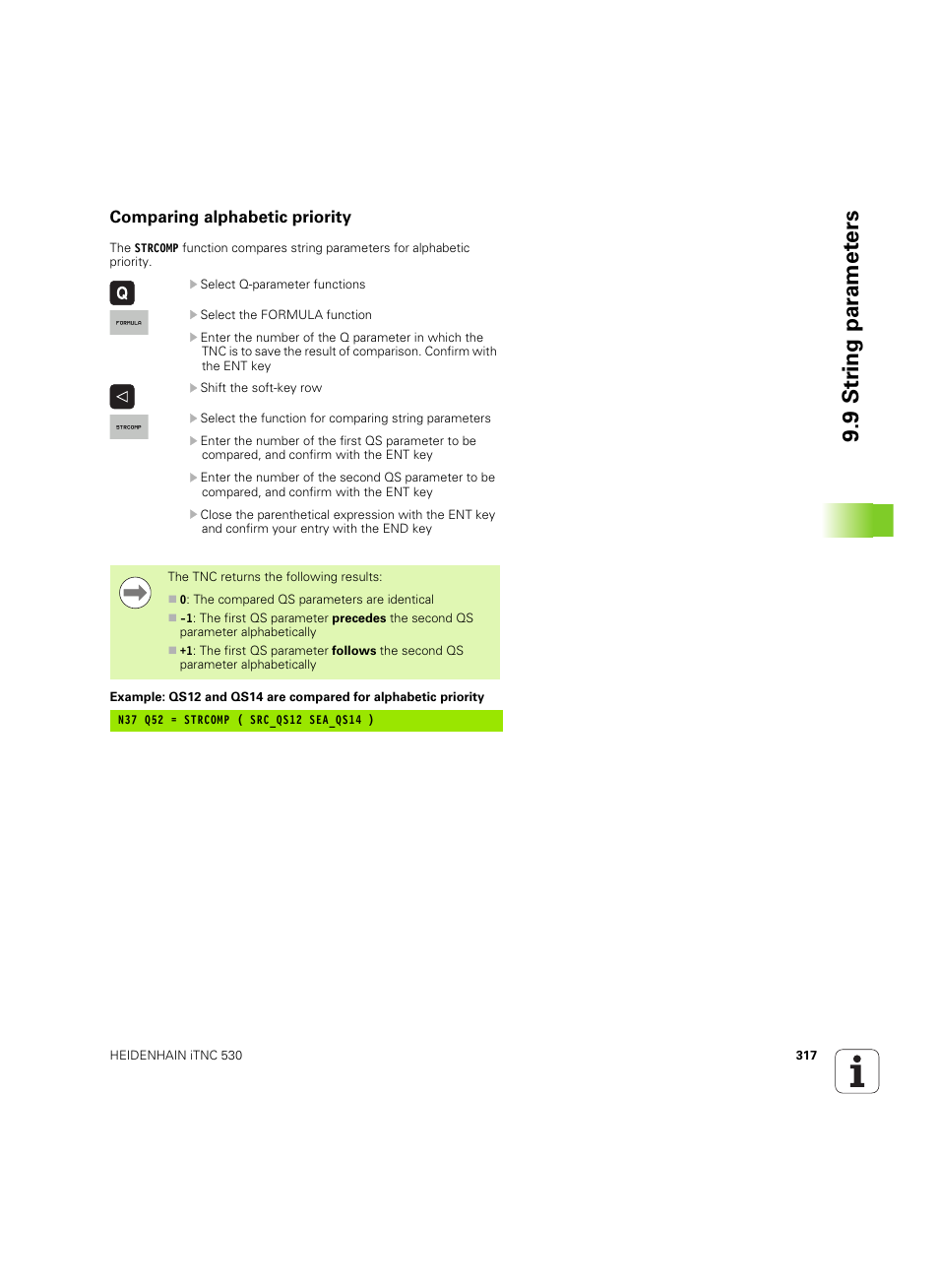 Comparing alphabetic priority, 9 str ing par amet ers | HEIDENHAIN iTNC 530 (60642x-04) ISO programming User Manual | Page 317 / 664