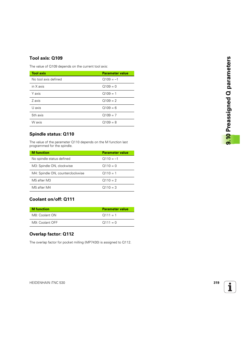 Tool axis: q109, Spindle status: q110, Coolant on/off: q111 | Overlap factor: q112, 1 0 pr eassigned q par amet ers | HEIDENHAIN iTNC 530 (60642x-04) ISO programming User Manual | Page 319 / 664