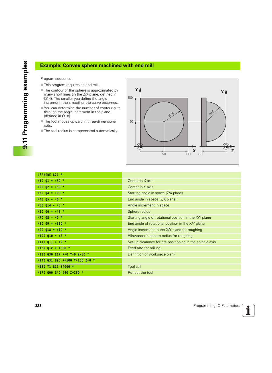 1 1 pr ogr amming examples, Example: convex sphere machined with end mill | HEIDENHAIN iTNC 530 (60642x-04) ISO programming User Manual | Page 328 / 664