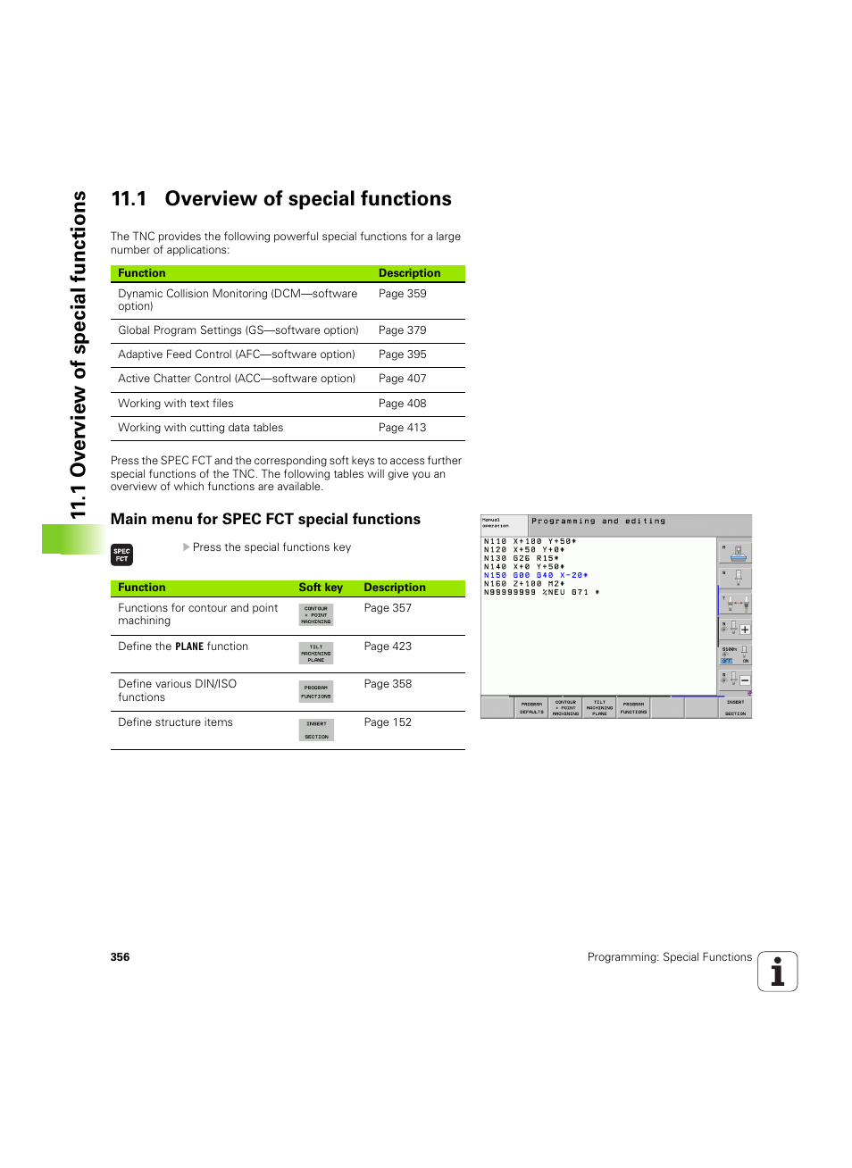 1 overview of special functions, Main menu for spec fct special functions | HEIDENHAIN iTNC 530 (60642x-04) ISO programming User Manual | Page 356 / 664